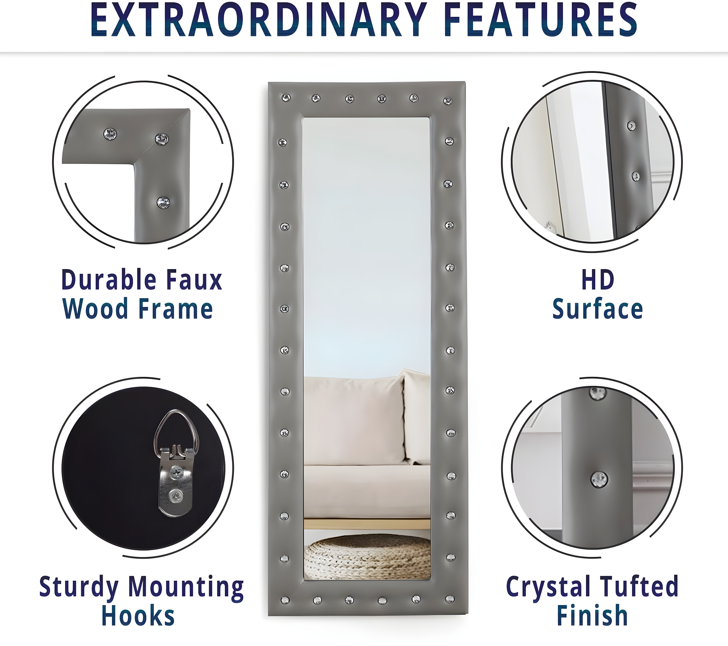 Naomi Home Crystal Tufted Floor Mirror Full Length, 63" LX22 W Wall Mirror, Standing Mirror,Wall Mirror with Faux Wood Frame, Full Length Mirrors for Bedroom - Gray