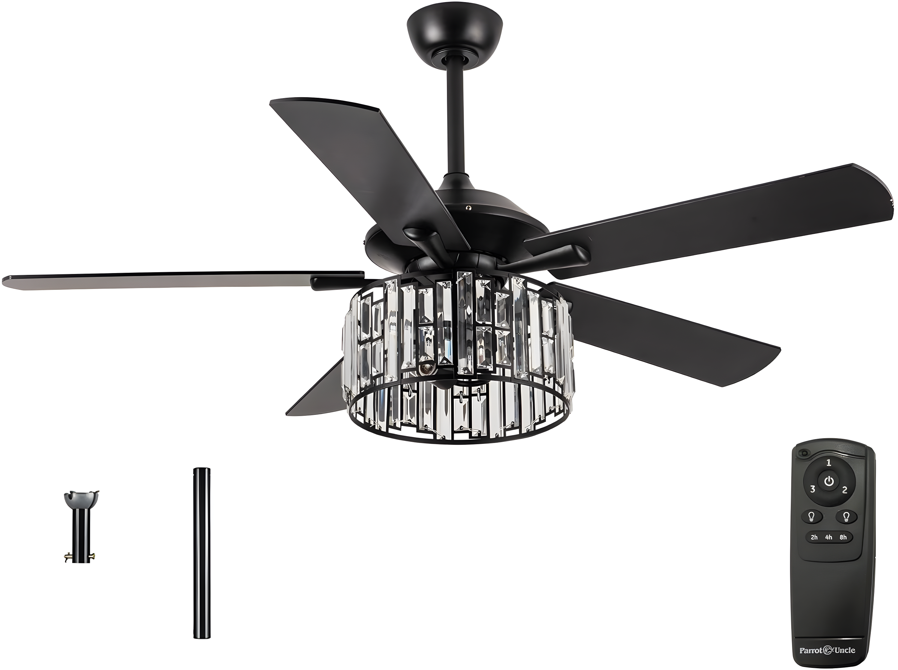 Parrot Uncle 52" Modern Black Crystal Ceiling Fan with Light and Remote
