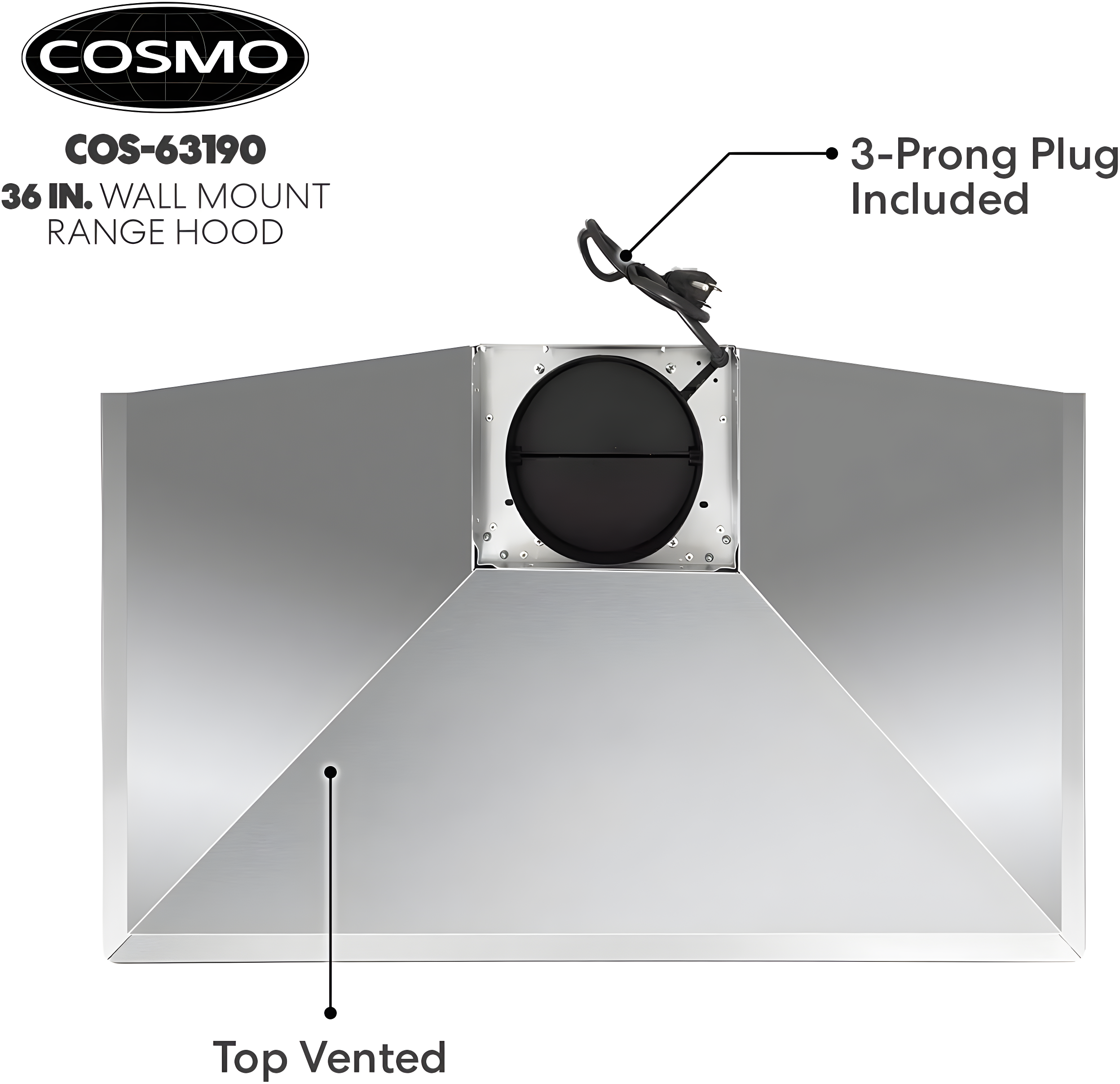 Cosmo Campana Extractora de Montaje en Pared de 36 Pulgadas en Acero Inoxidable con Iluminación LED y Filtros Permanentes