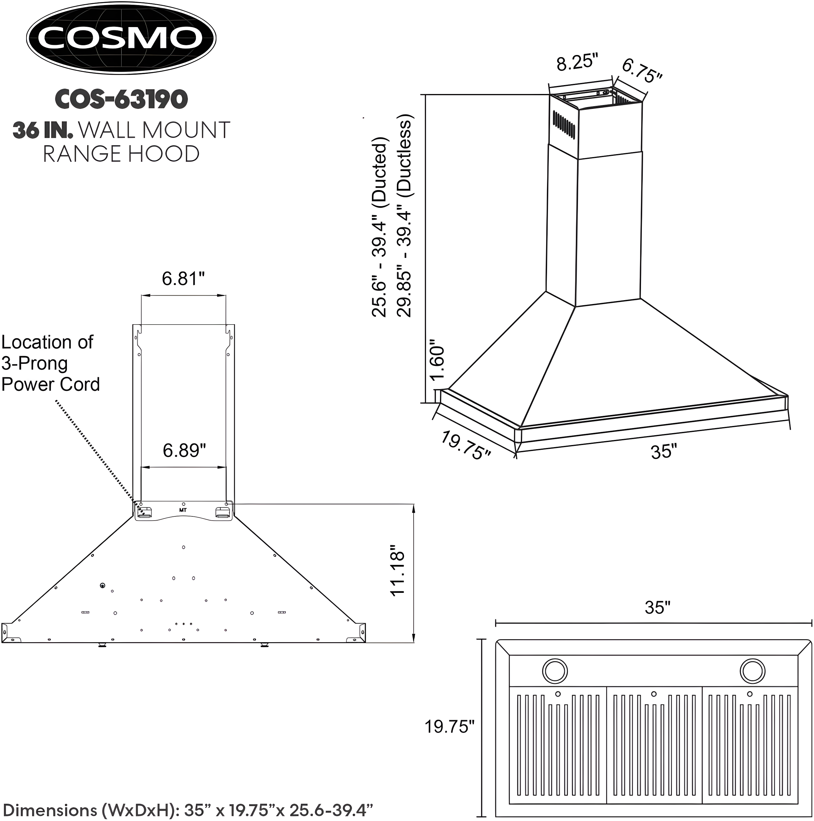 Cosmo Campana Extractora de Montaje en Pared de 36 Pulgadas en Acero Inoxidable con Iluminación LED y Filtros Permanentes