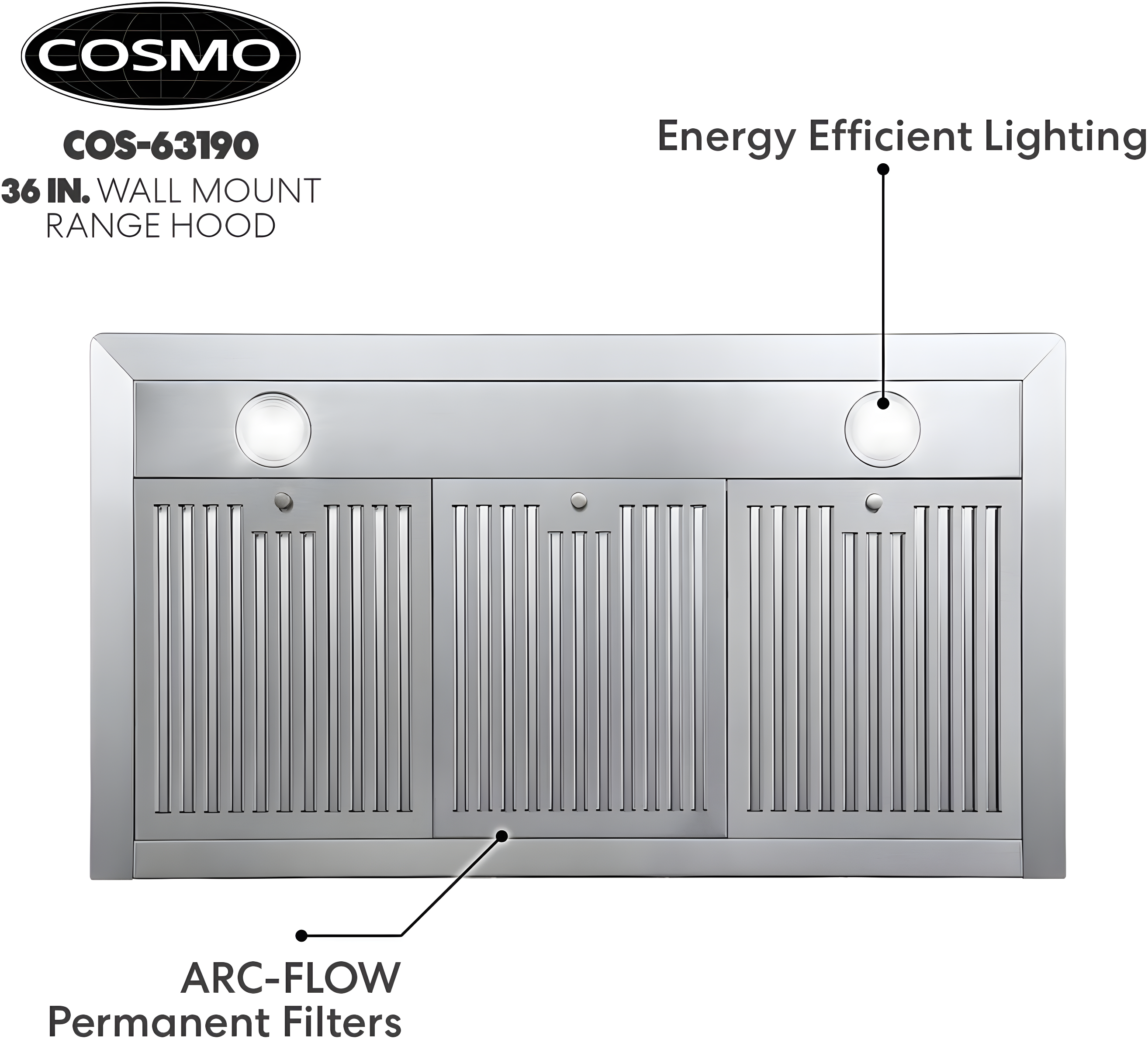 Cosmo Campana Extractora de Montaje en Pared de 36 Pulgadas en Acero Inoxidable con Iluminación LED y Filtros Permanentes