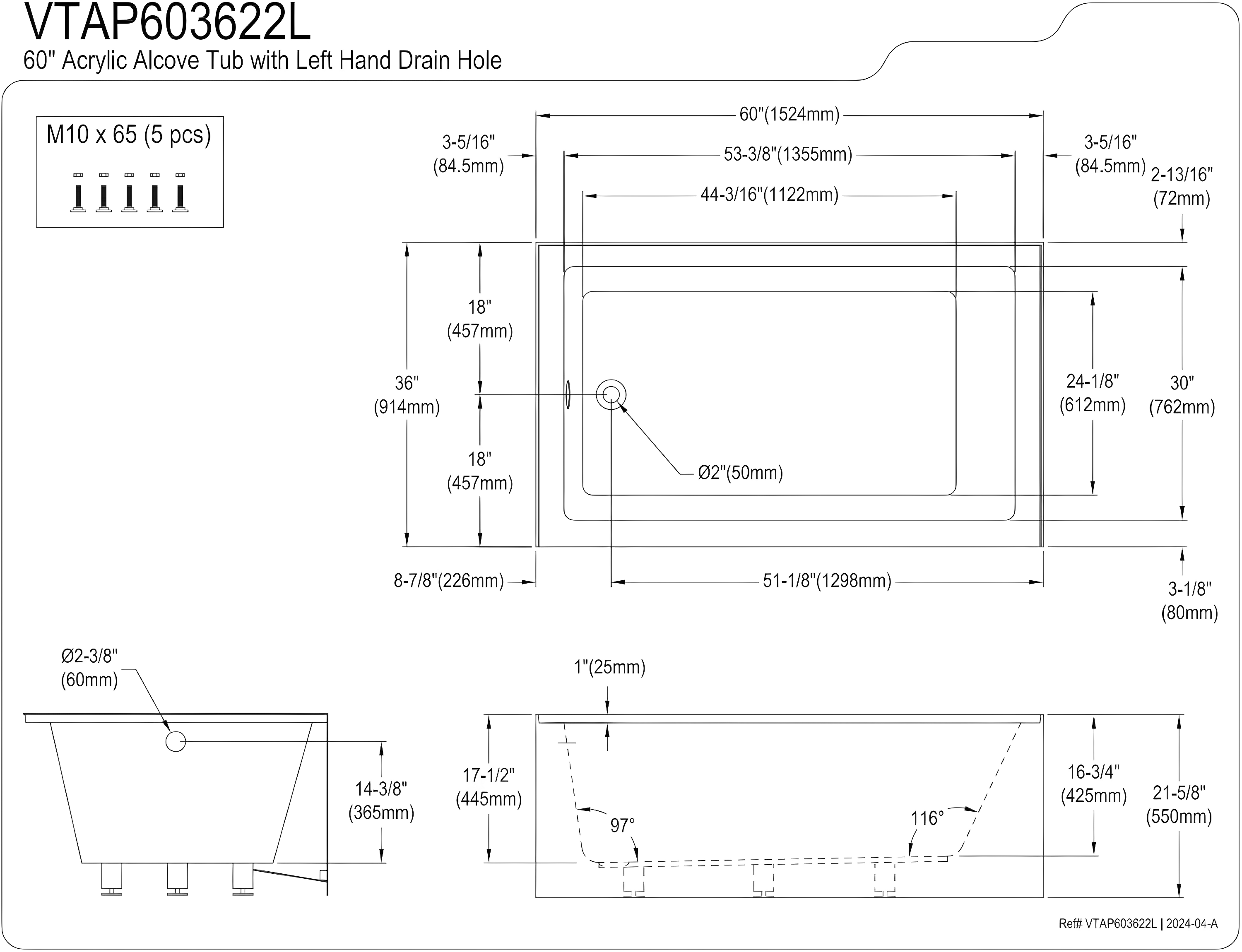 Kingston Brass Aqua Eden 60-Inch Acrylic Rectangular 3-Wall Alcove Tub