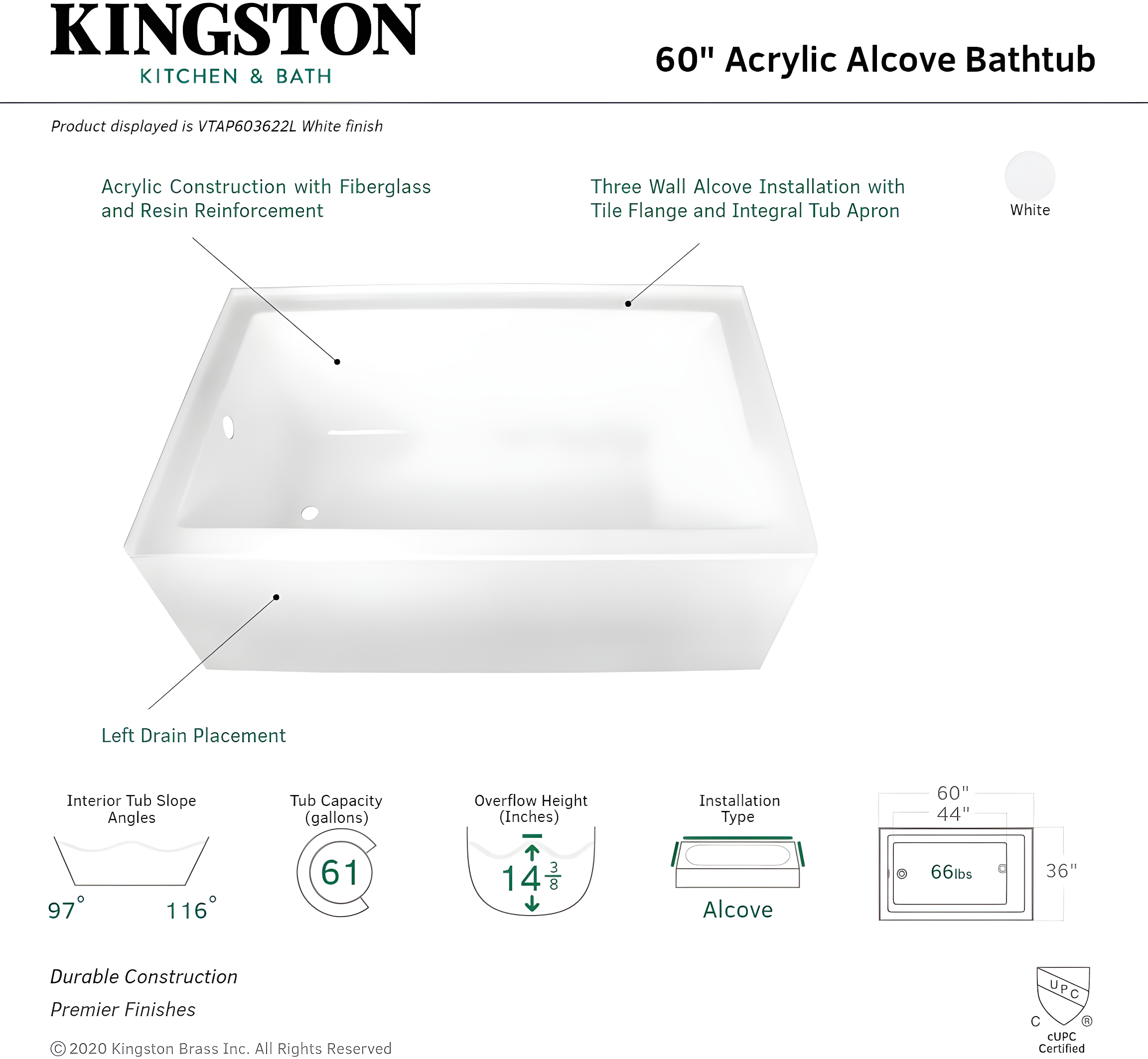 Kingston Brass Aqua Eden 60-Inch Acrylic Rectangular 3-Wall Alcove Tub