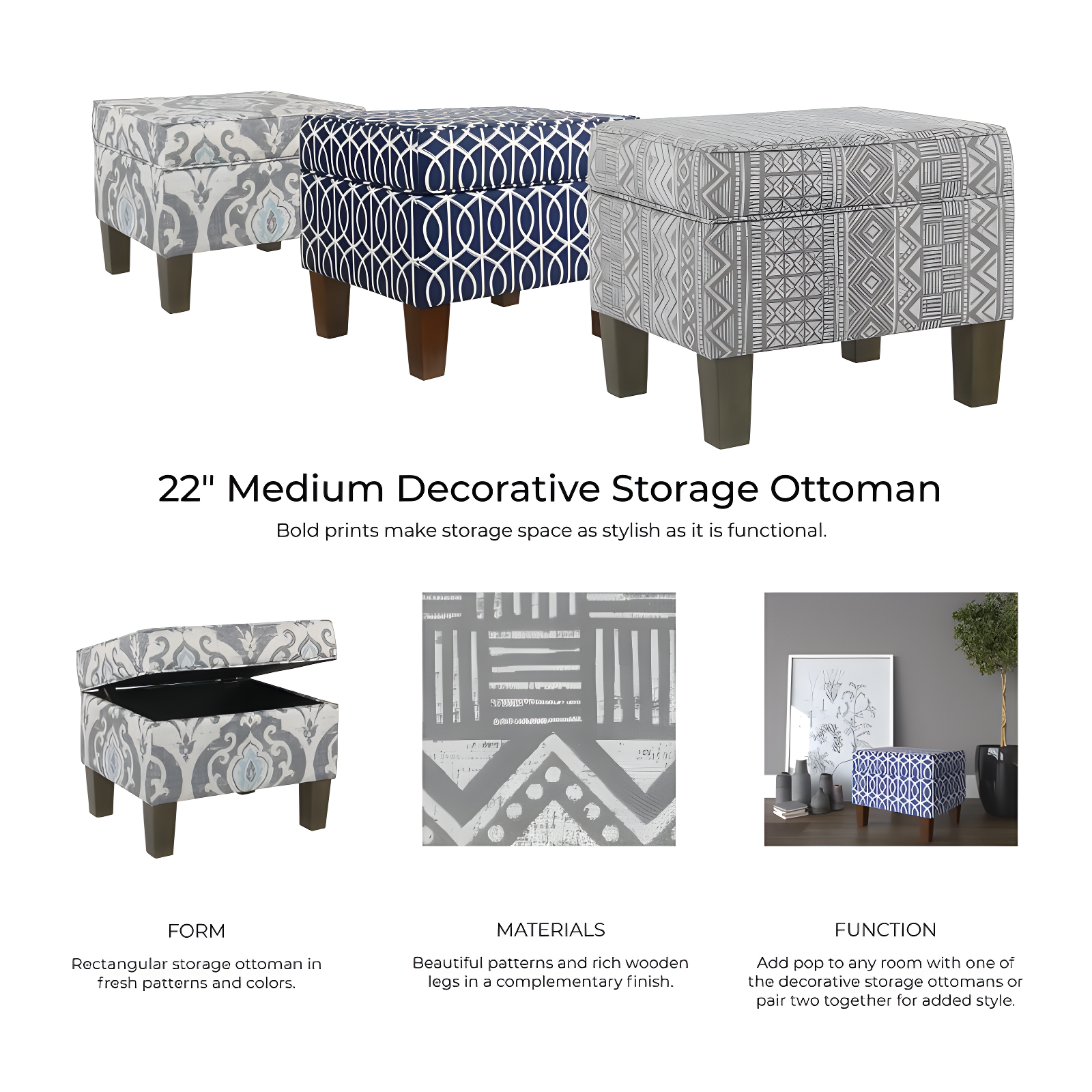 Medium Storage Ottoman Gray/Blue - HomePop: Upholstered Rectangular Footstool with Damask Pattern, Plywood & Hardwood Frame