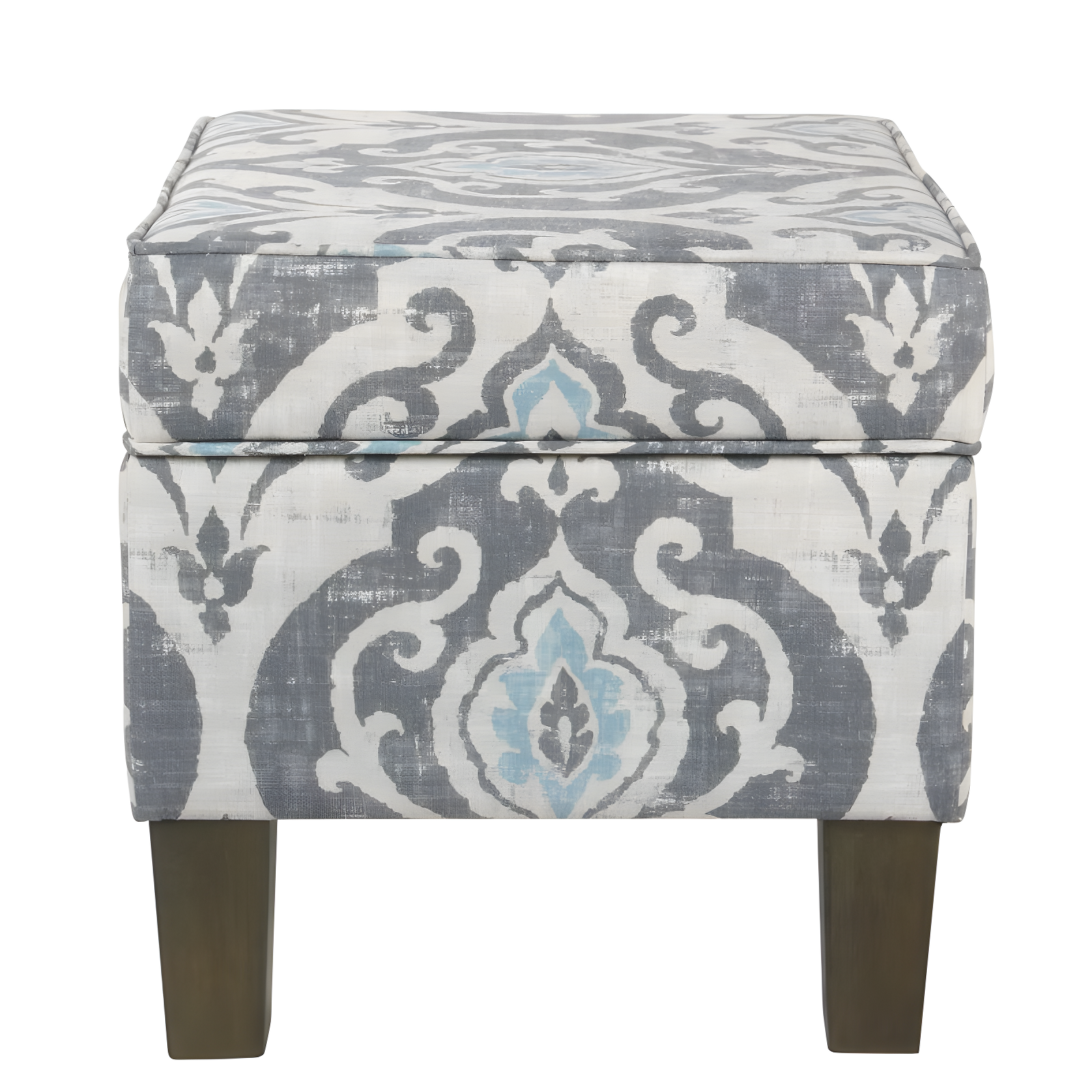 Medium Storage Ottoman Gray/Blue - HomePop: Upholstered Rectangular Footstool with Damask Pattern, Plywood & Hardwood Frame