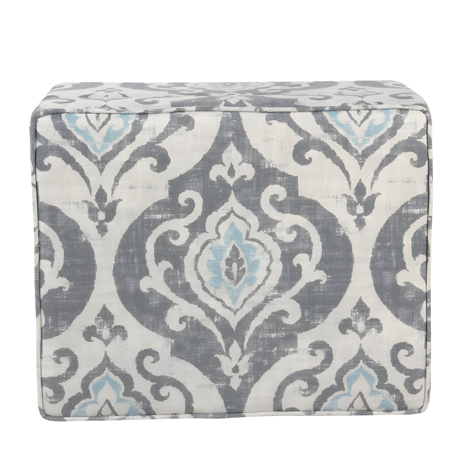 Medium Storage Ottoman Gray/Blue - HomePop: Upholstered Rectangular Footstool with Damask Pattern, Plywood & Hardwood Frame