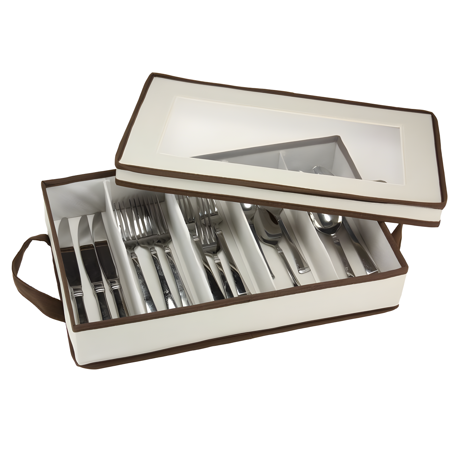Windowed Flatware Storage Chest, 5 Compartment Storage with Serving Utensil Pouch, Canvas with Brown Trim