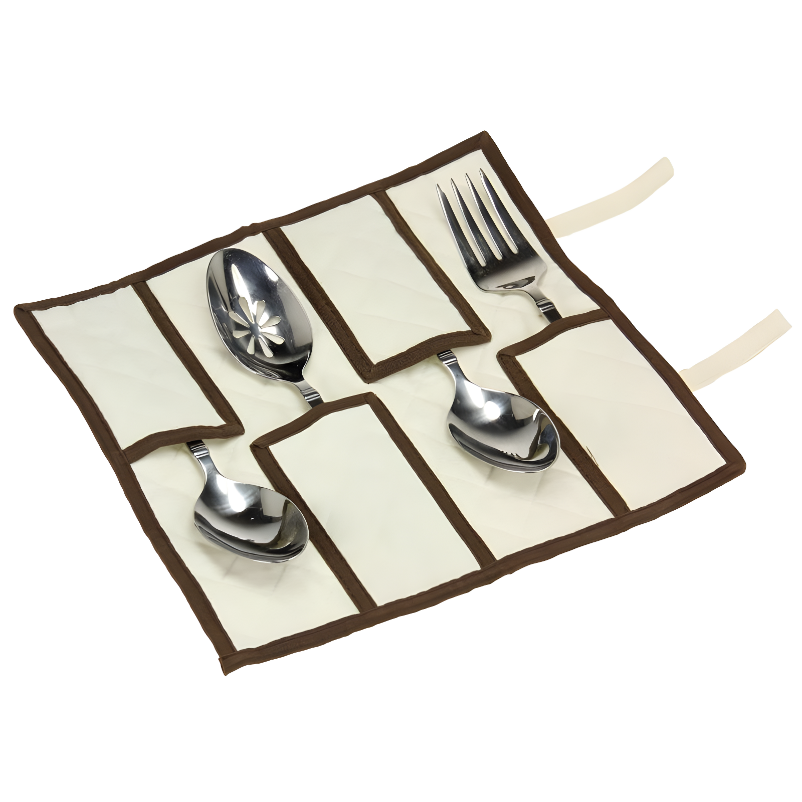 Windowed Flatware Storage Chest, 5 Compartment Storage with Serving Utensil Pouch, Canvas with Brown Trim