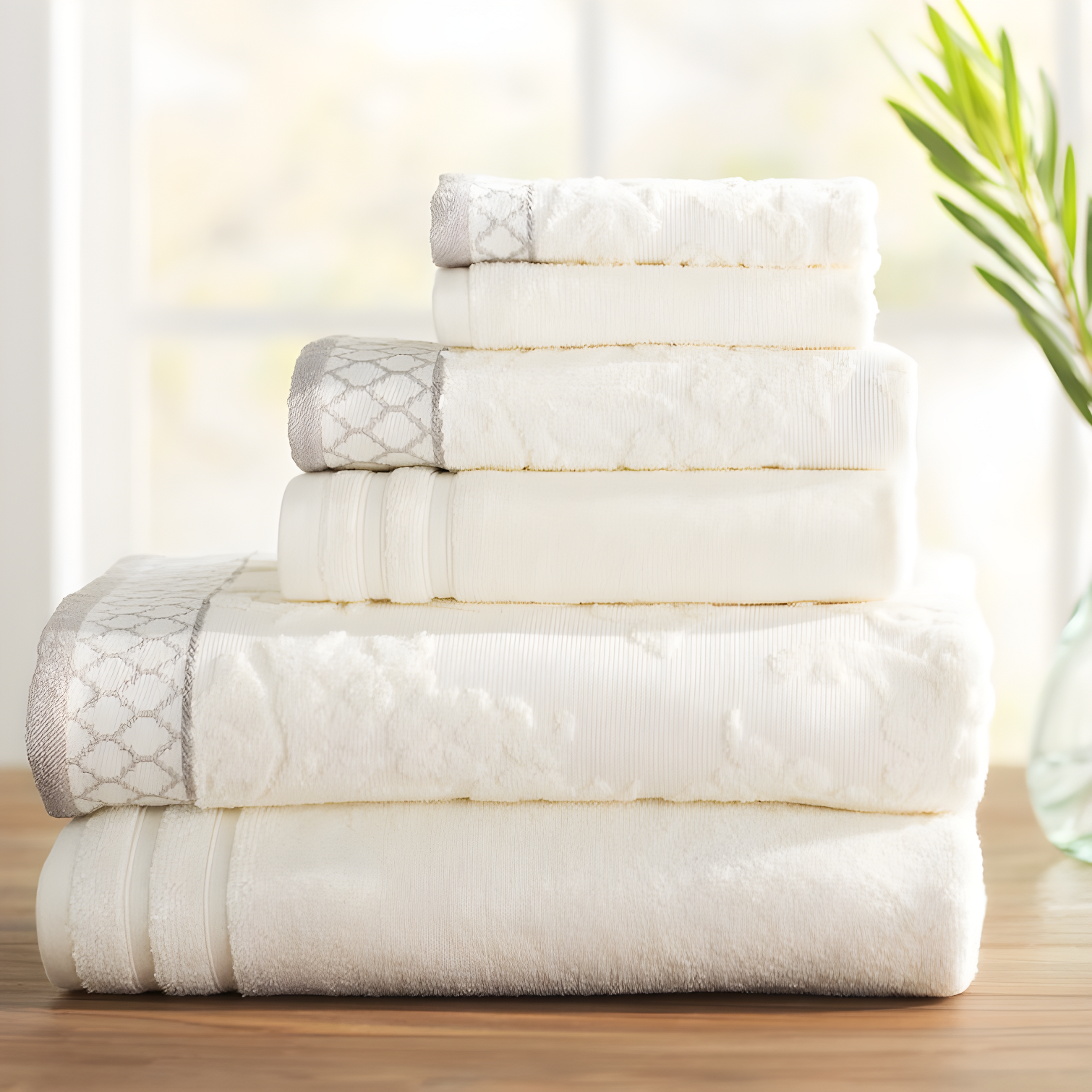 Modern Threads Modern Threads 6-Piece Damask Jacquard/Solid Ultra Soft 550GSM 100% Combed Cotton Towel Set with Embellished Borders