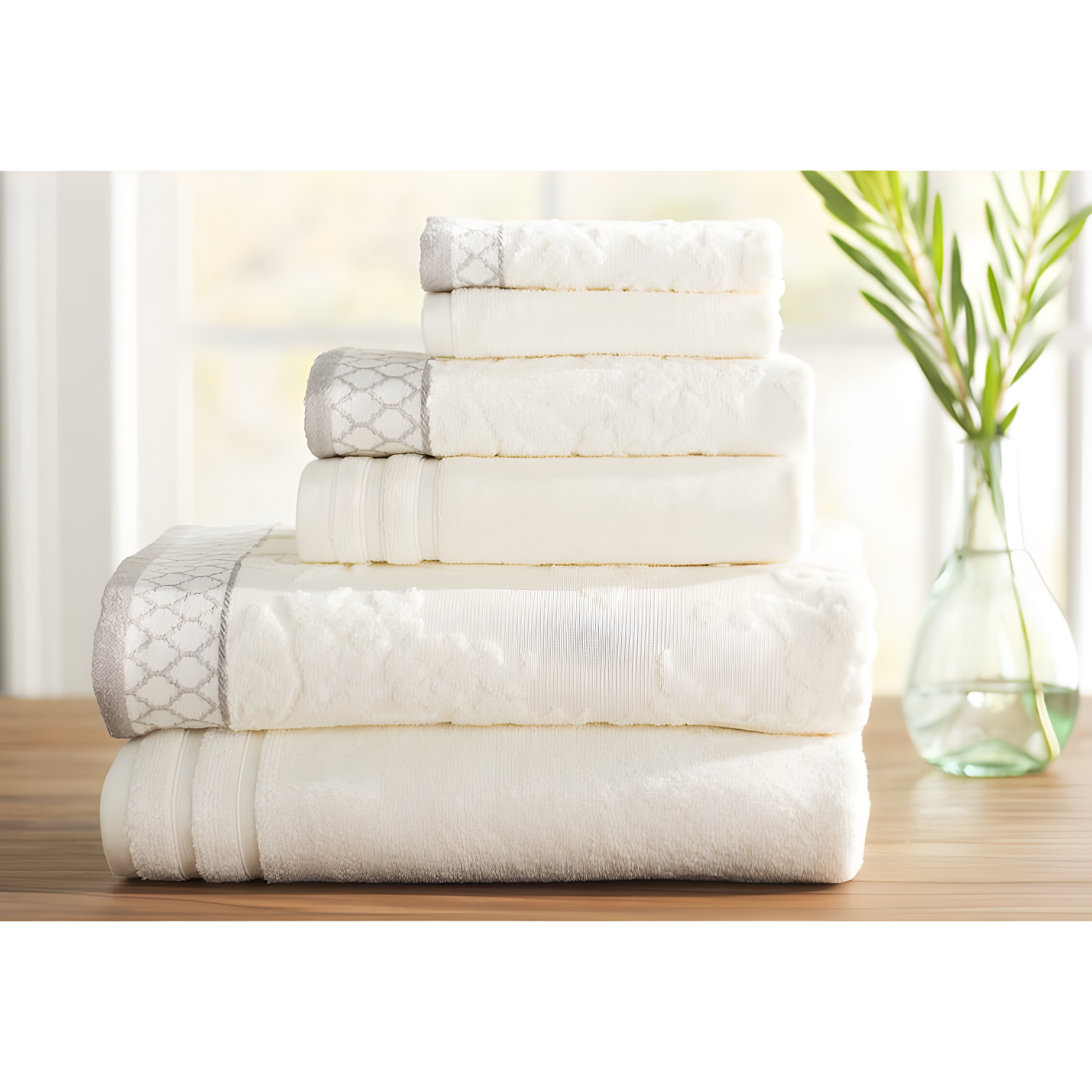 Modern Threads Modern Threads 6-Piece Damask Jacquard/Solid Ultra Soft 550GSM 100% Combed Cotton Towel Set with Embellished Borders