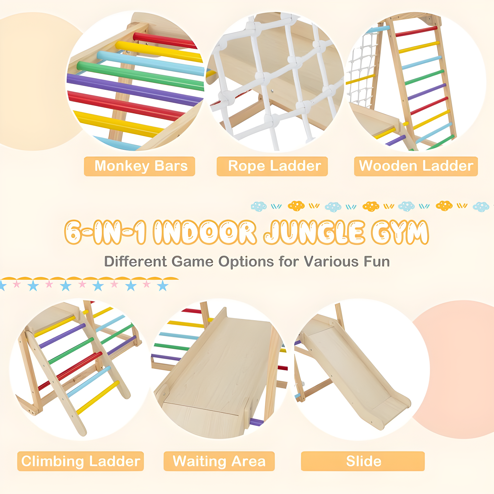 Costway 6-in-1 Indoor Jungle Gym Wooden Playground Climber Playset for Kids 1+ Years Multicolor