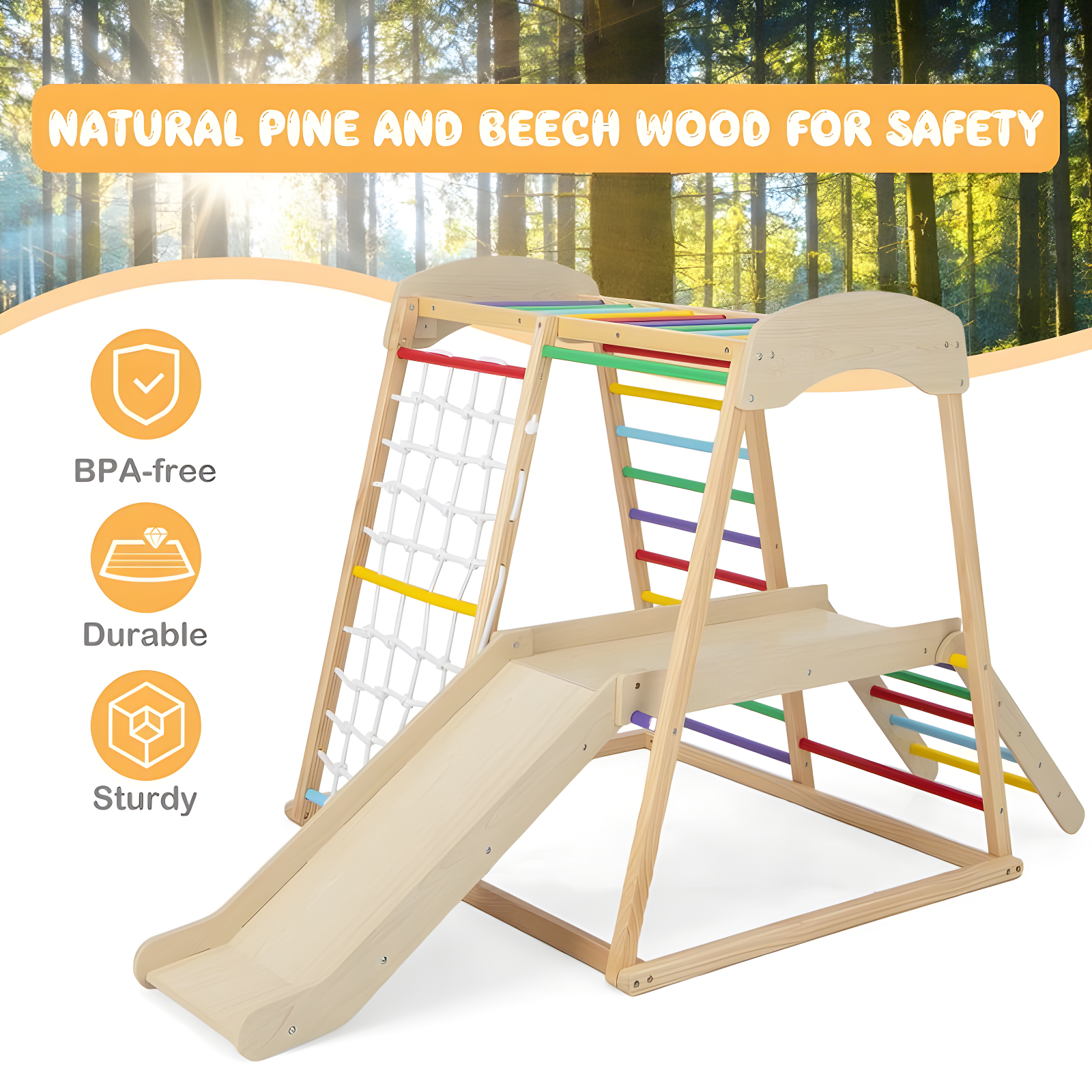 Costway 6-in-1 Indoor Jungle Gym Wooden Playground Climber Playset for Kids 1+ Years Multicolor