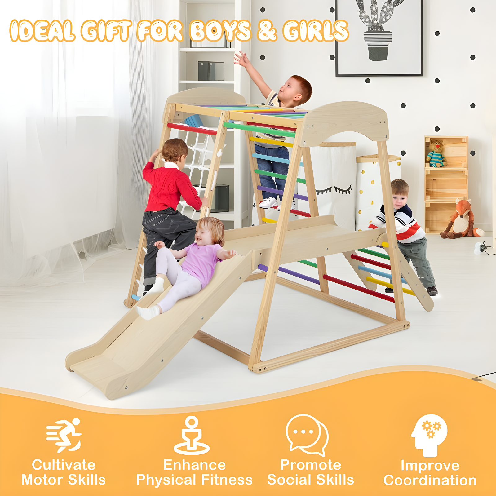 Costway 6-in-1 Indoor Jungle Gym Wooden Playground Climber Playset for Kids 1+ Years Multicolor