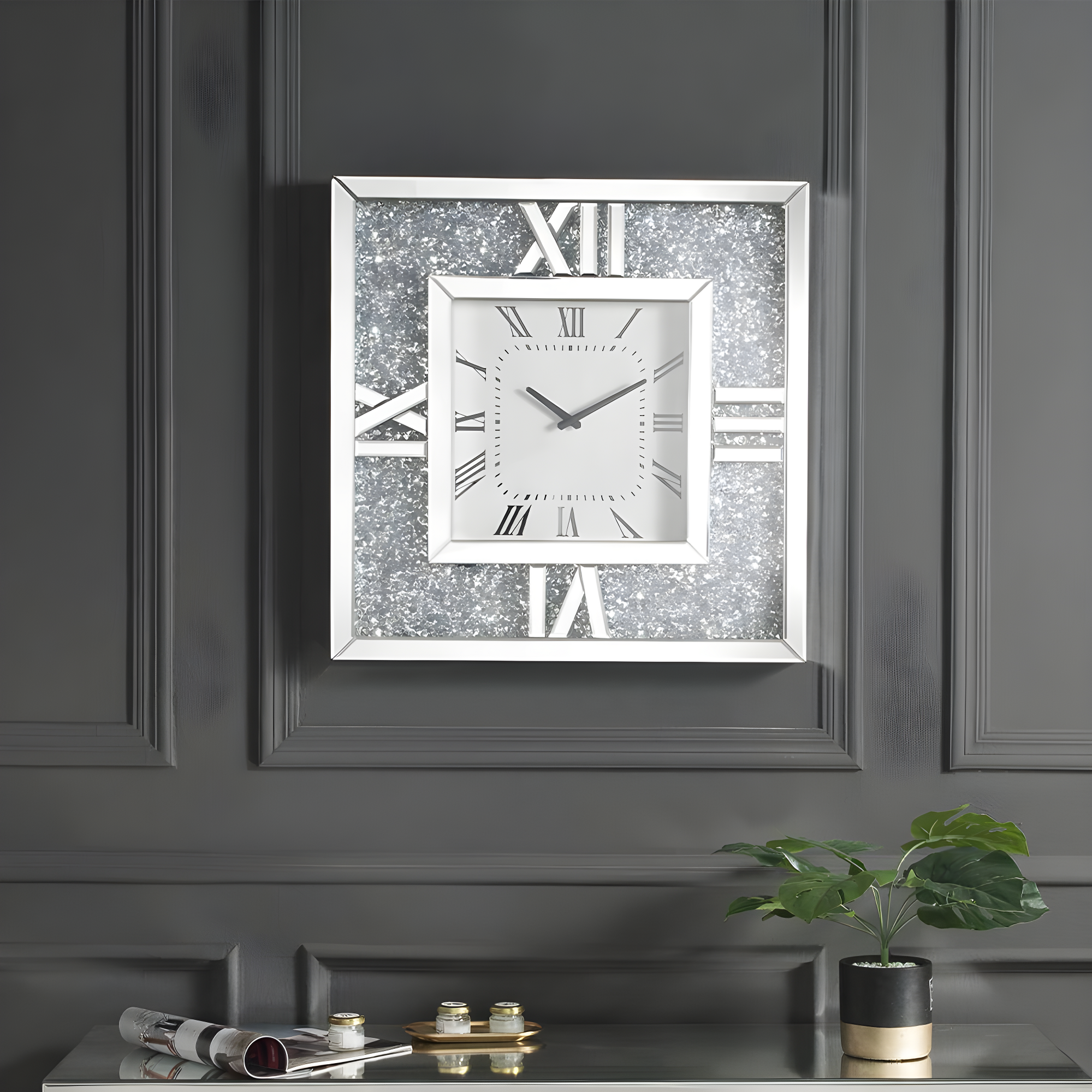 Noralie Wall Clock in Mirrored & Faux Diamonds