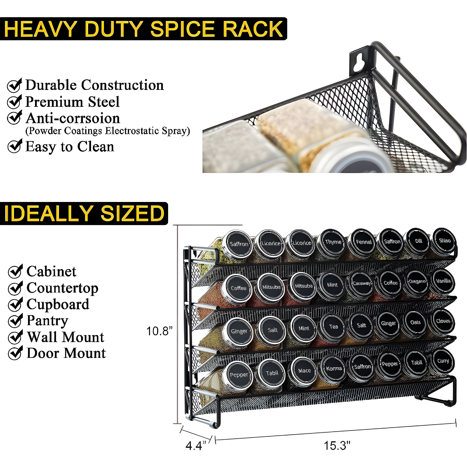 SpaceAid Spice Rack Organizer Set with Spice Jars, 386 Labels, Chalk Marker, and Funnel – For Cabinet, Countertop, Pantry, Cupboard, or Wall Mount