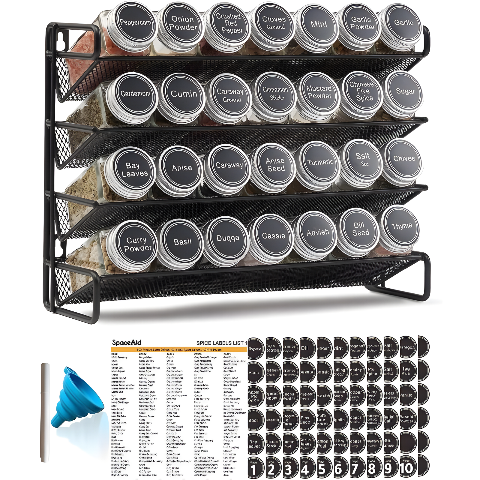 SpaceAid Spice Rack Organizer Set with Spice Jars, 386 Labels, Chalk Marker, and Funnel – For Cabinet, Countertop, Pantry, Cupboard, or Wall Mount