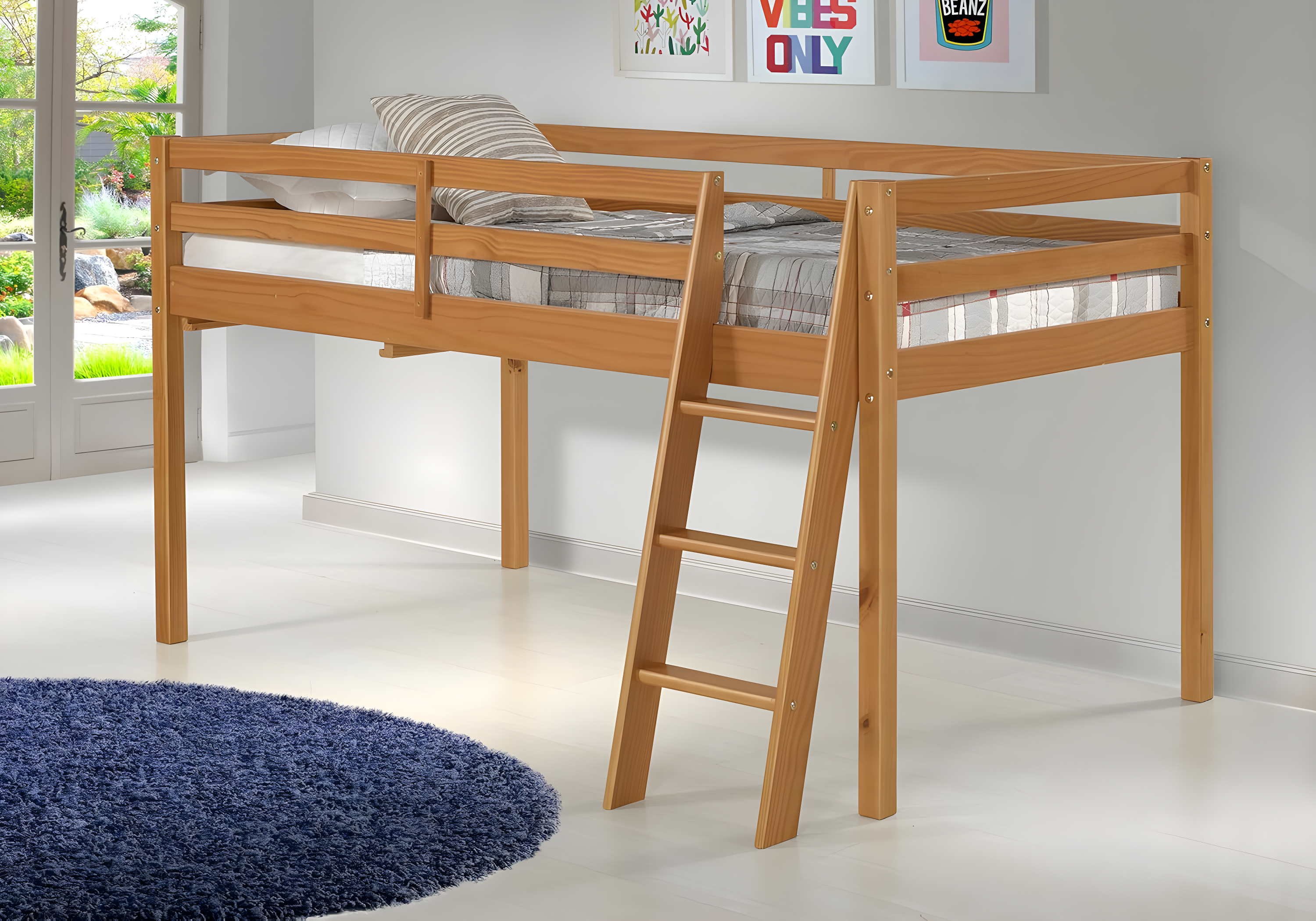 Kwinana Roxy Twin Size Junior Wood Loft Bed, Sturdy Wooden Frame for Kids - Includes Built-in Side Desk & Open Shelving for Storage, Children's Furniture