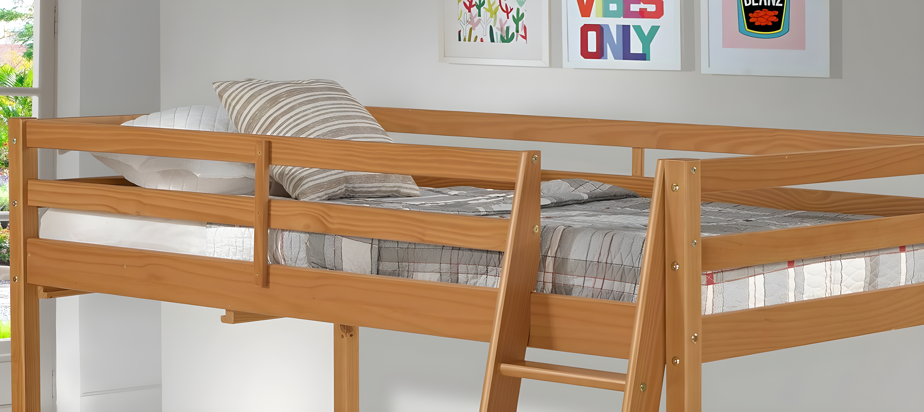 Kwinana Roxy Twin Size Junior Wood Loft Bed, Sturdy Wooden Frame for Kids - Includes Built-in Side Desk & Open Shelving for Storage, Children's Furniture