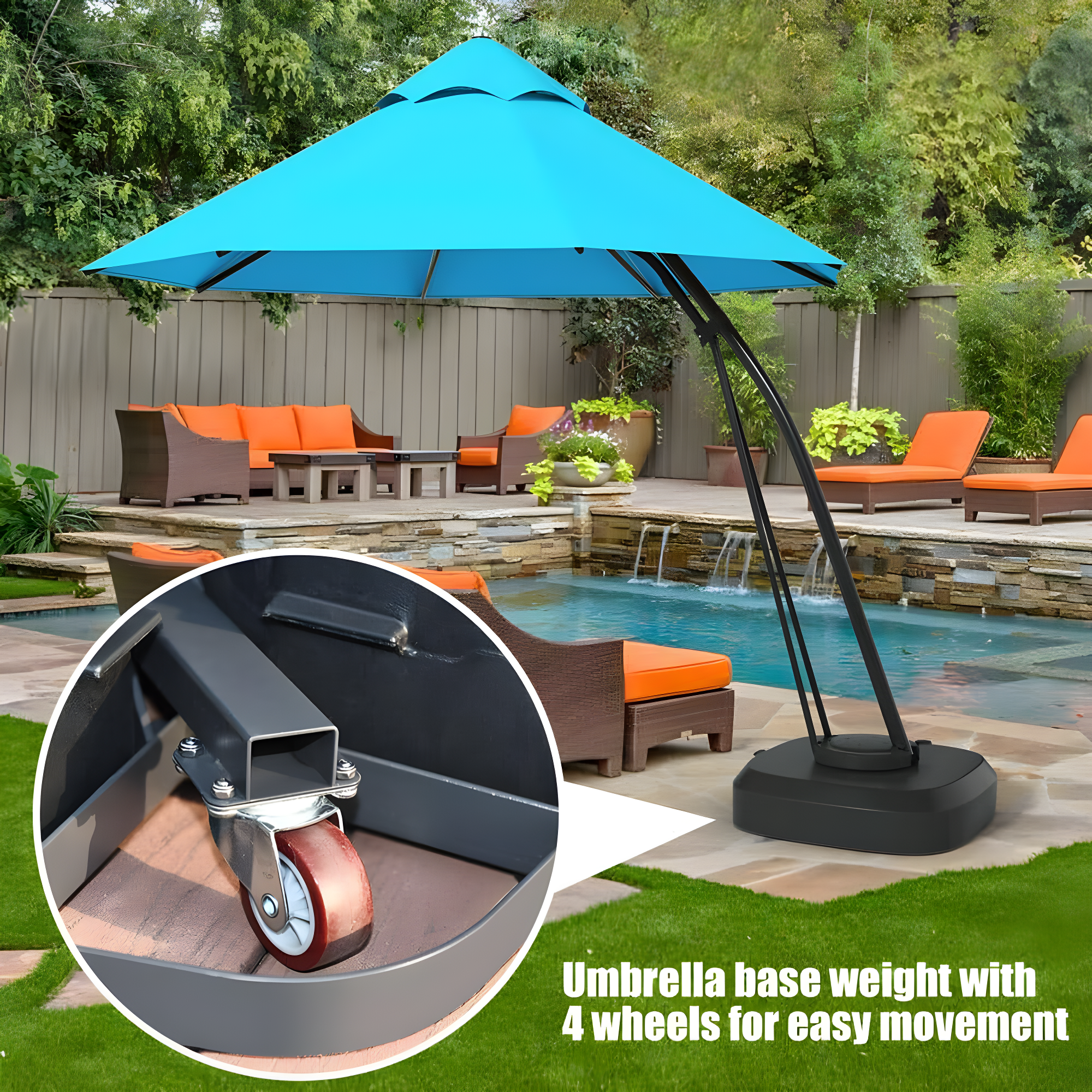 Spaco 11 Feet Outdoor Cantilever Hanging Umbrella with Base and Wheels-Turquoise, Patio Offset Umbrella with Easy Tilt Adjustment, Outdoor Cantilever Hanging Umbrella