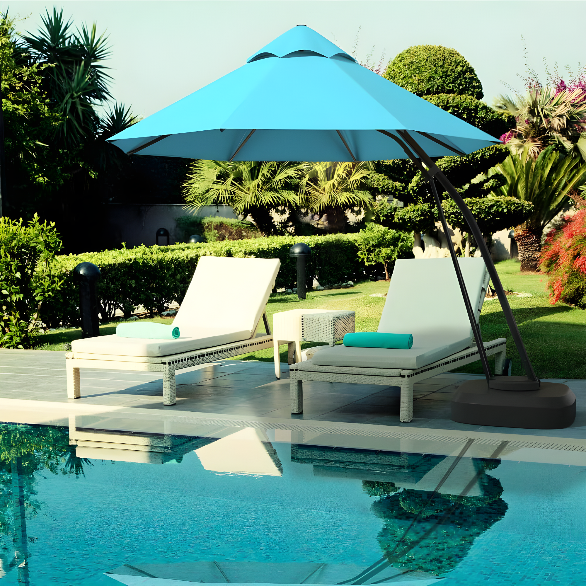 Spaco 11 Feet Outdoor Cantilever Hanging Umbrella with Base and Wheels-Turquoise, Patio Offset Umbrella with Easy Tilt Adjustment, Outdoor Cantilever Hanging Umbrella