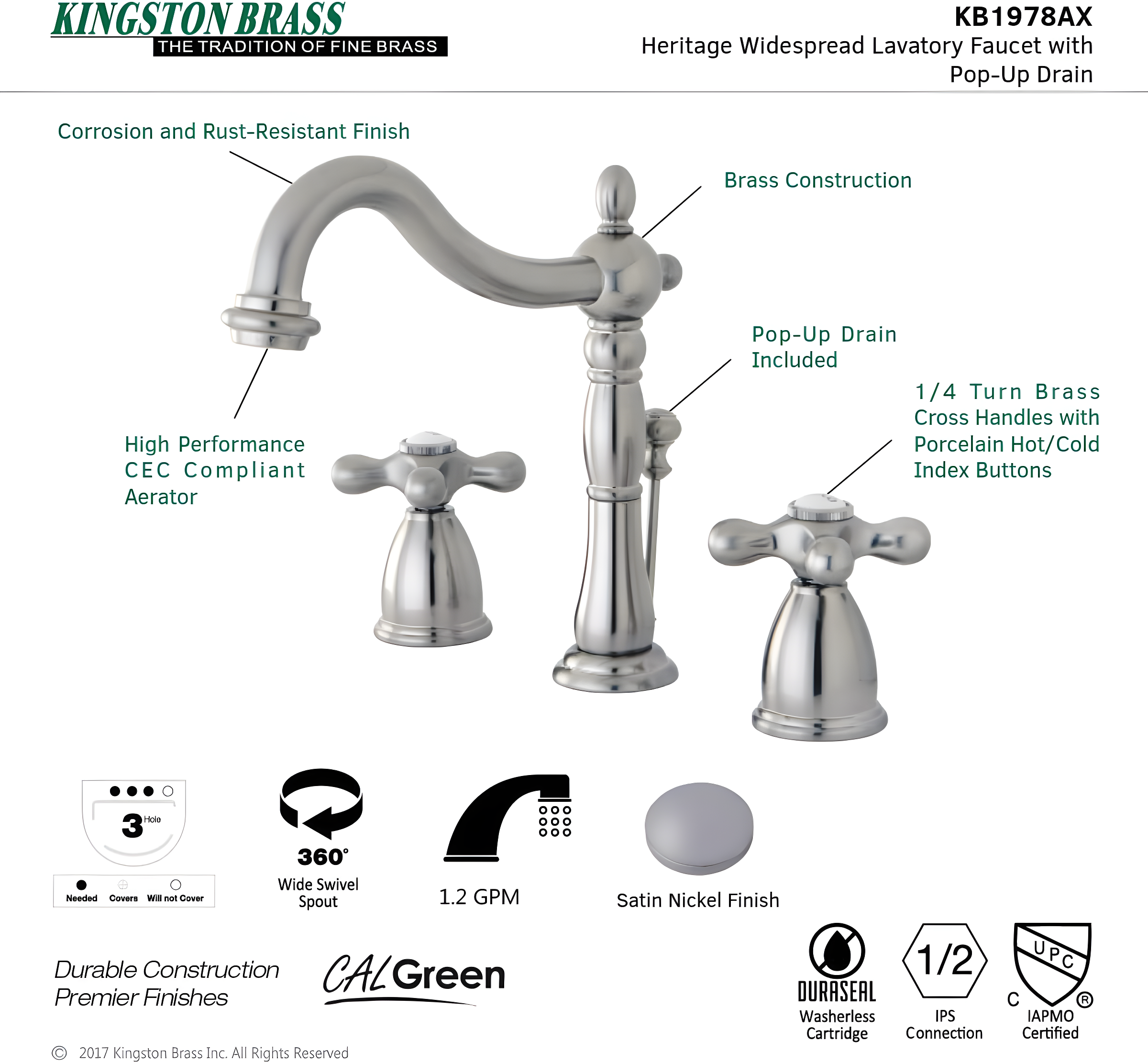 Kingston Brass Heritage Two-Handle 3-Hole Deck Mount Widespread Bathroom Faucet with Pop-Up Drain