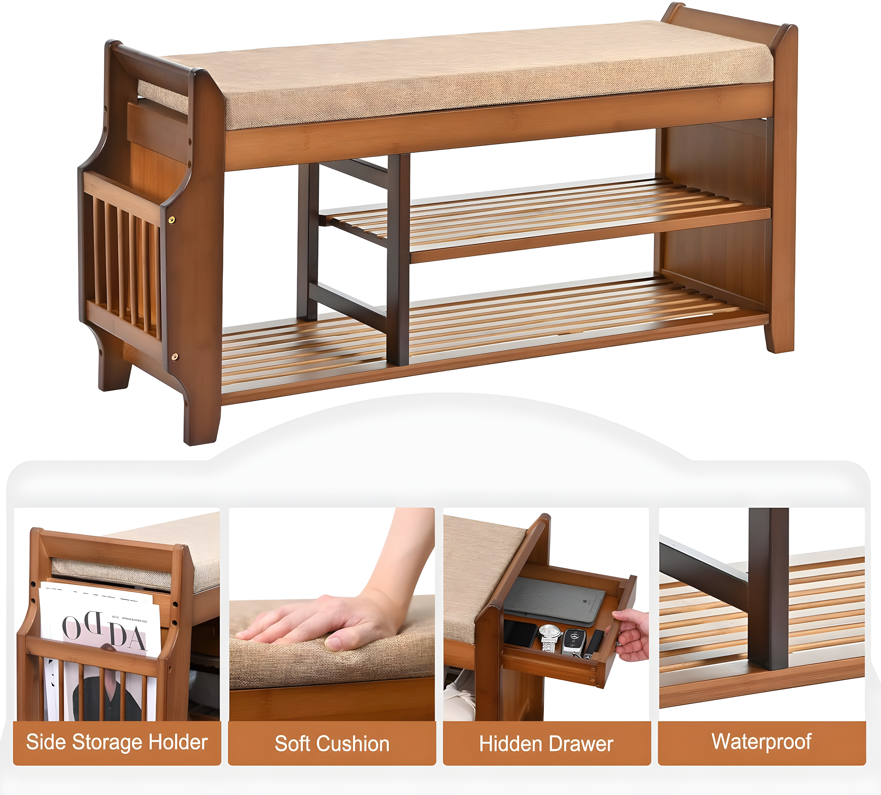 Bamboo 2-Tier Shoe Storage Bench with Hidden Drawer
