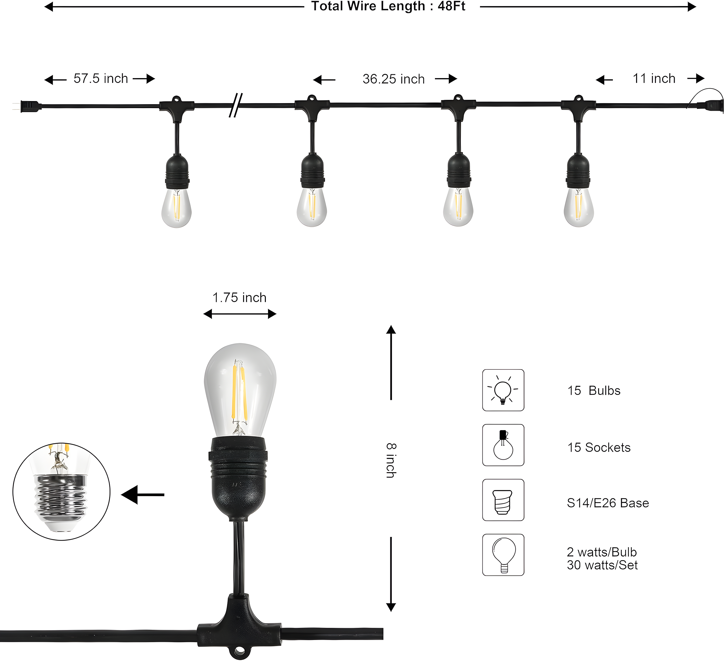 addlon 48 FT Outdoor String Lights Commercial Grade Weatherproof Strand, 18 Edison Vintage Bulbs, 15 Hanging Sockets (3 Spare Bulbs), ETL Listed Heavy-Duty Decorative Christmas Lights for Patio Garden