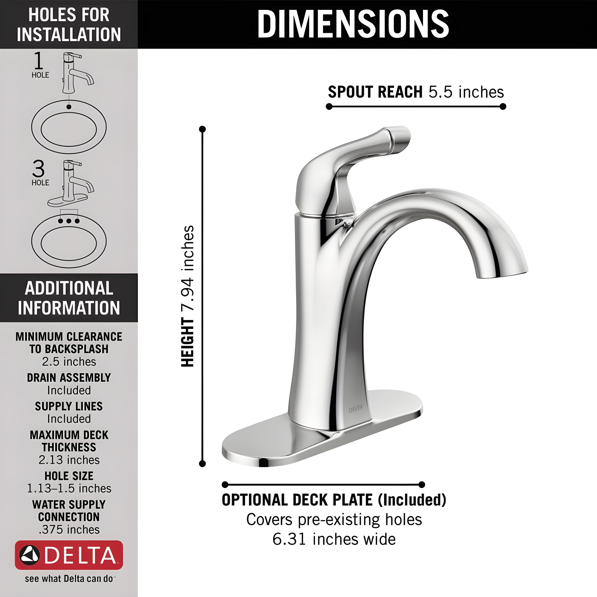 Delta Arvo Single Hole Bathroom Faucet with Drain Assembly, Single Handle Bathroom Sink Faucet 15840LF