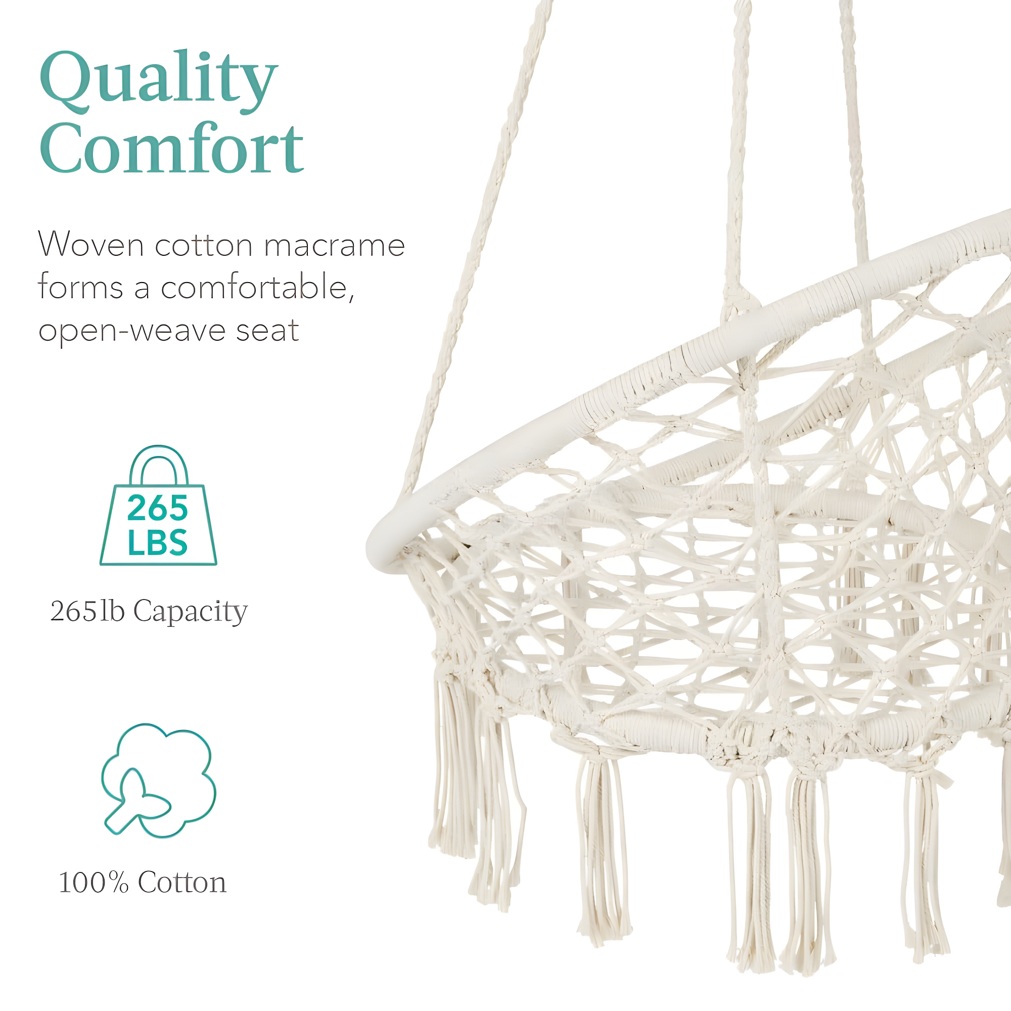 Best Choice Products Macrame Hanging Chair, Handwoven Cotton Hammock Swing w/ Mounting Hardware - Beige