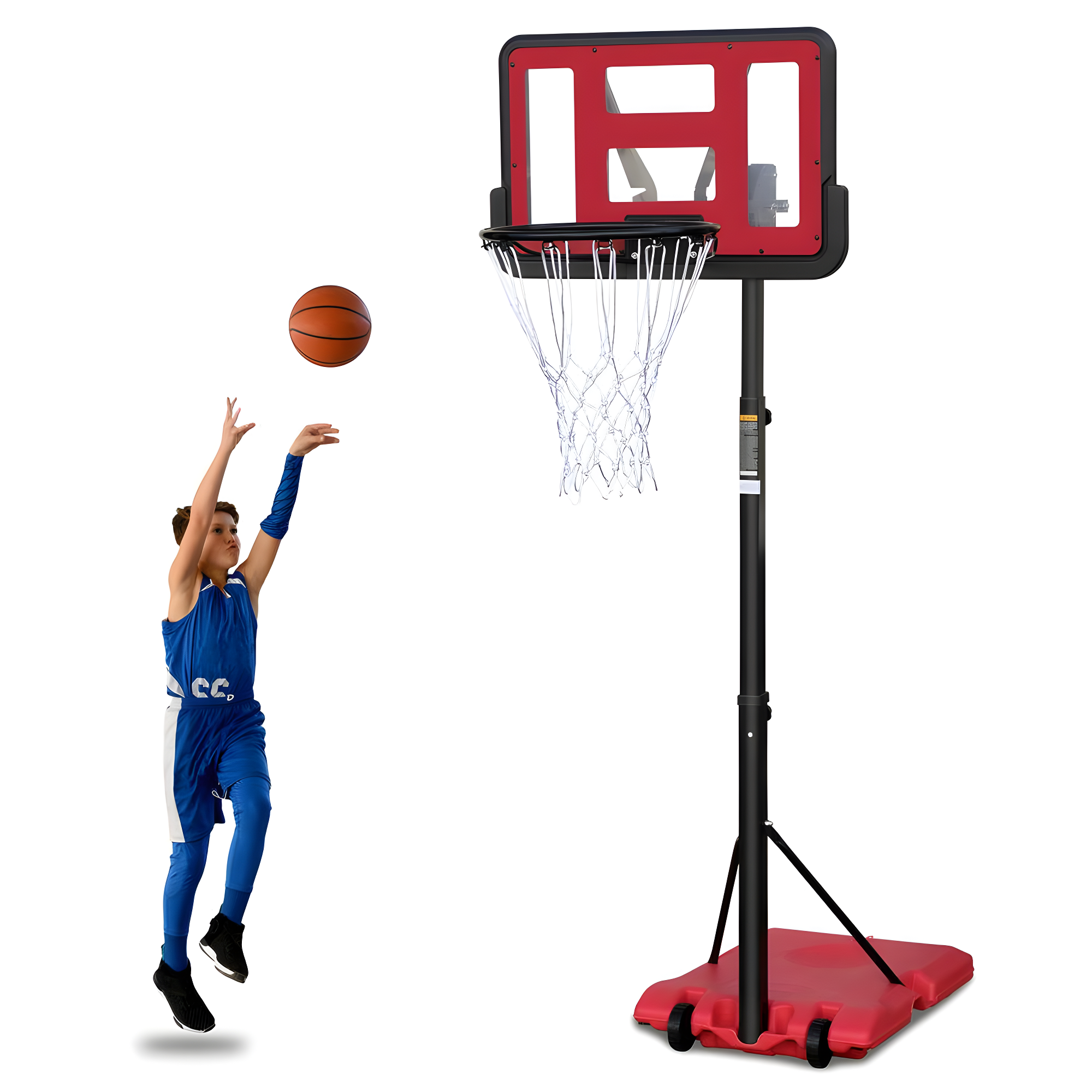 Adjustable Red Polycarbonate Portable Basketball Hoop with Wheels