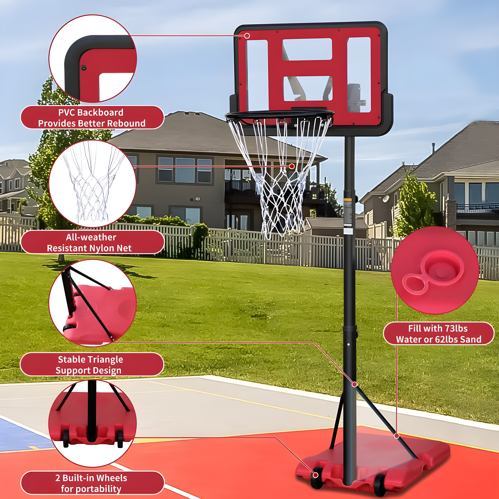 Adjustable Red Polycarbonate Portable Basketball Hoop with Wheels