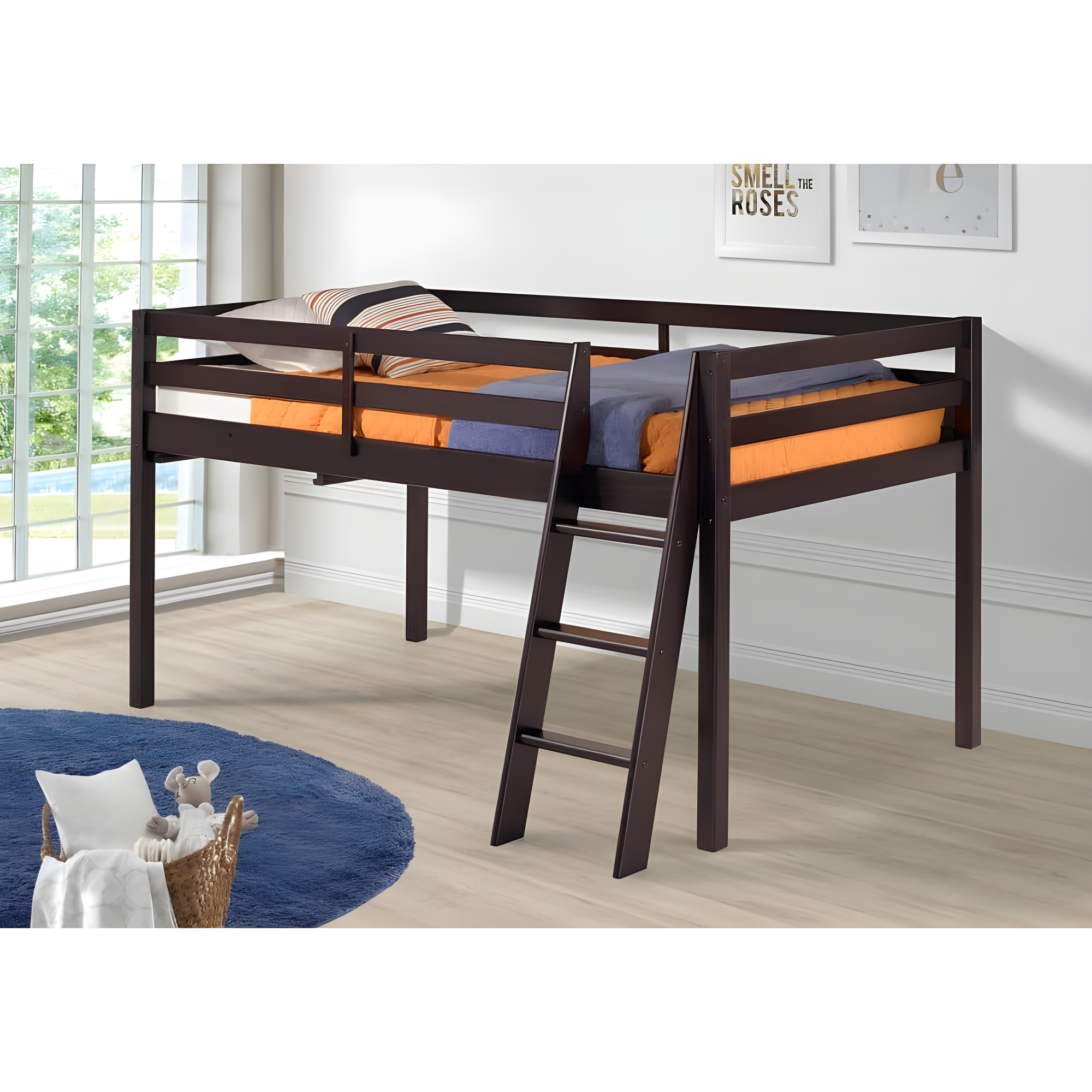Espresso Twin Loft Bed with Ladder and Guardrails