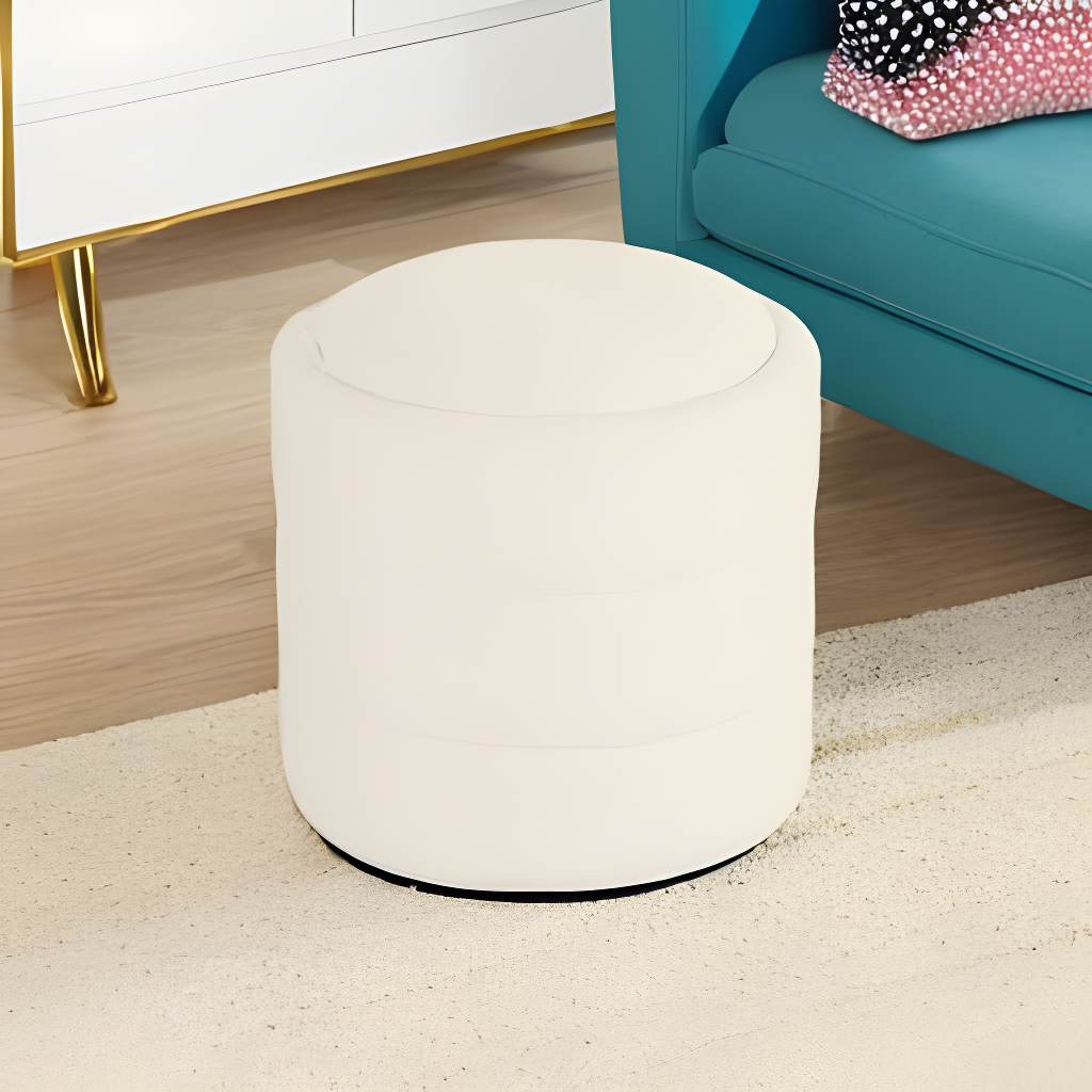 Storage Round Ottoman Cream Boucle - HomePop: Footrest, Vanity Seating, No Assembly Required