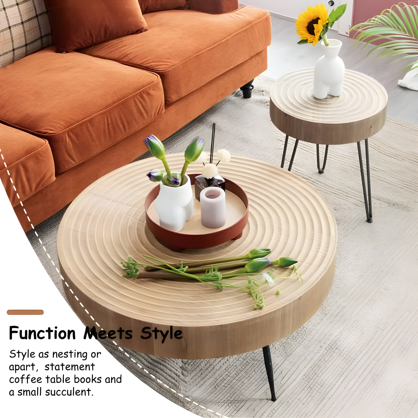 COZAYH 2-Piece Modern Farmhouse Living Room Coffee Table Set, Nesting Table Round Natural Finish with Handcrafted Wood, Ring Pattern