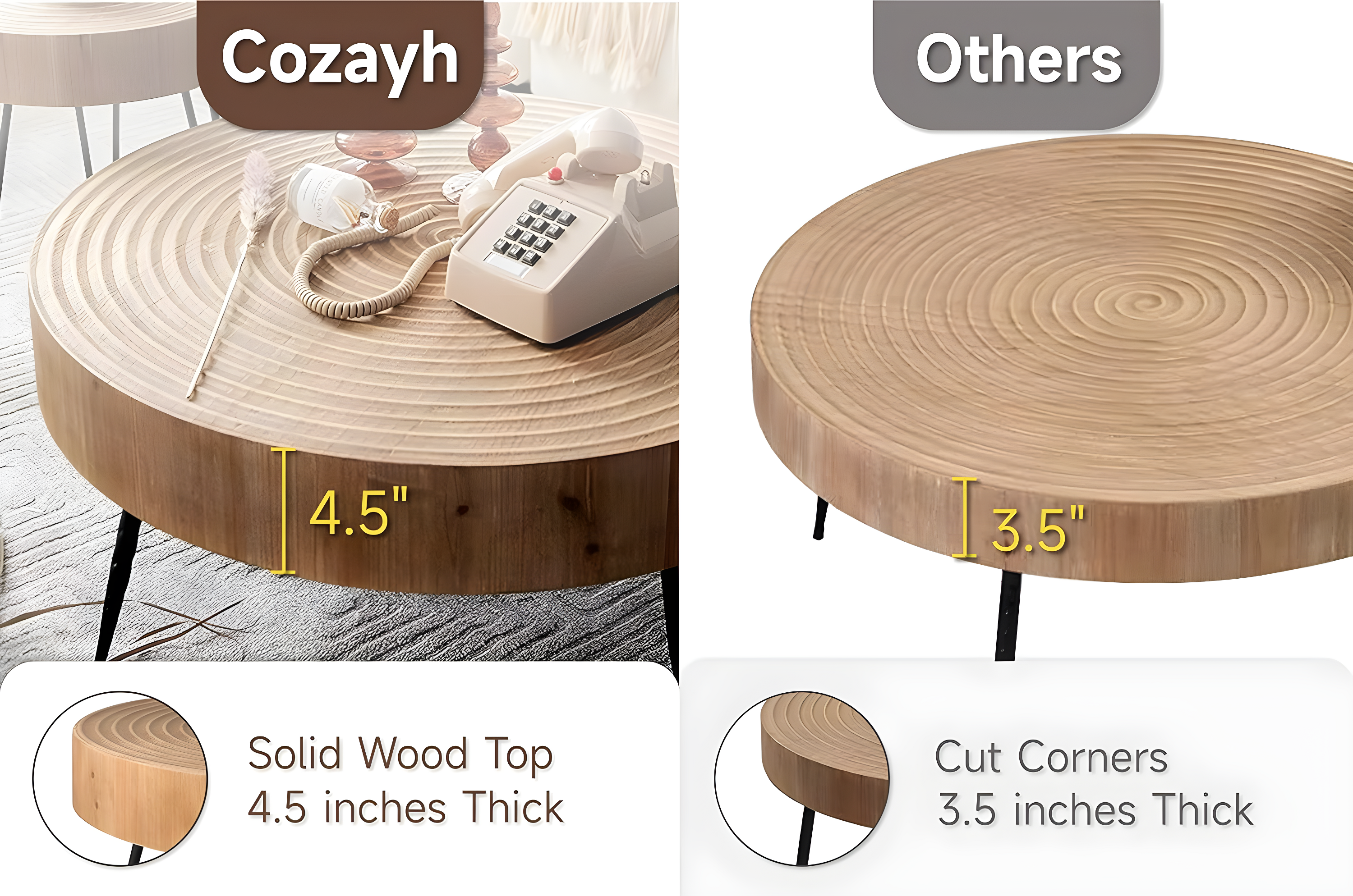 COZAYH 2-Piece Modern Farmhouse Living Room Coffee Table Set, Nesting Table Round Natural Finish with Handcrafted Wood, Ring Pattern