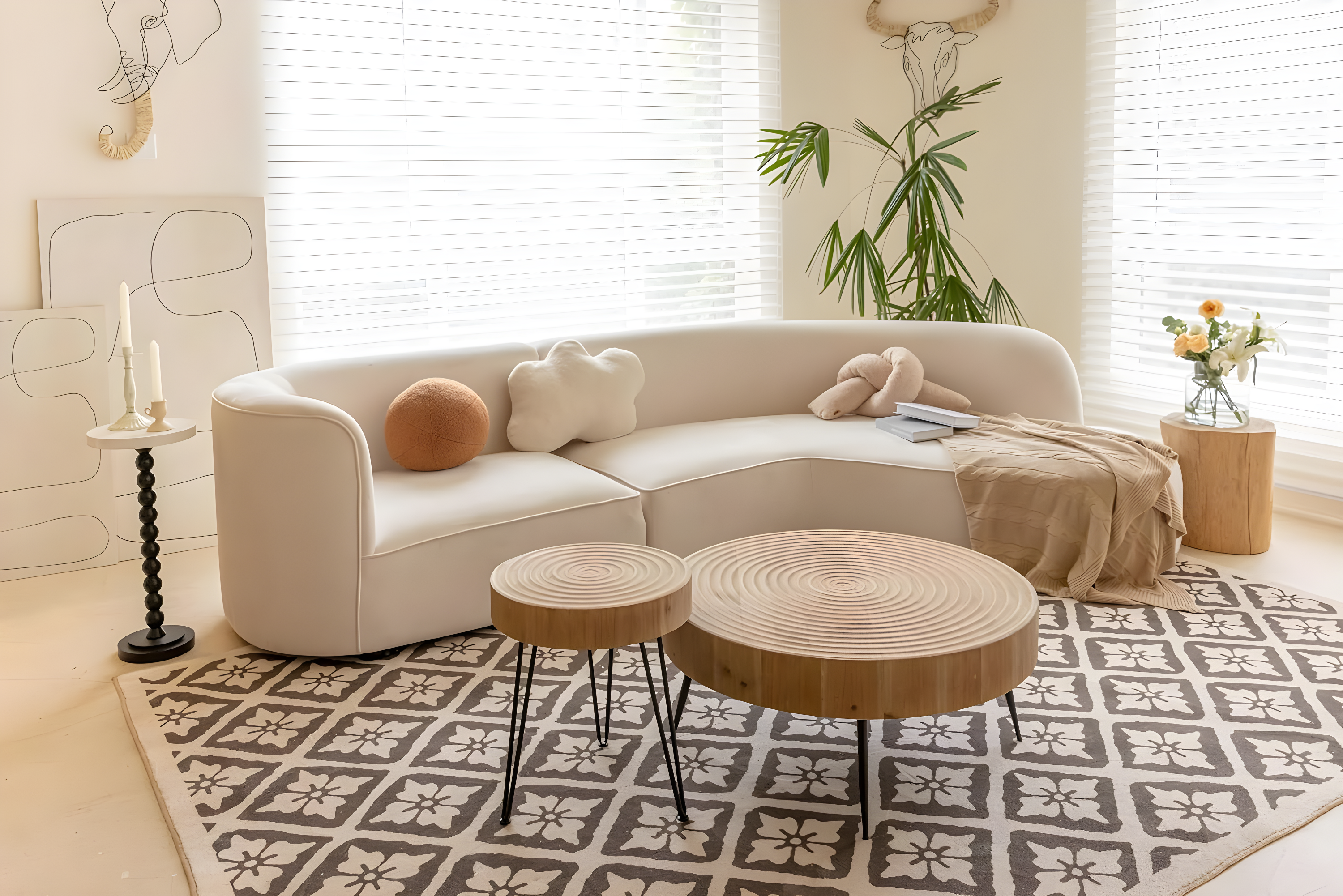 COZAYH 2-Piece Modern Farmhouse Living Room Coffee Table Set, Nesting Table Round Natural Finish with Handcrafted Wood, Ring Pattern