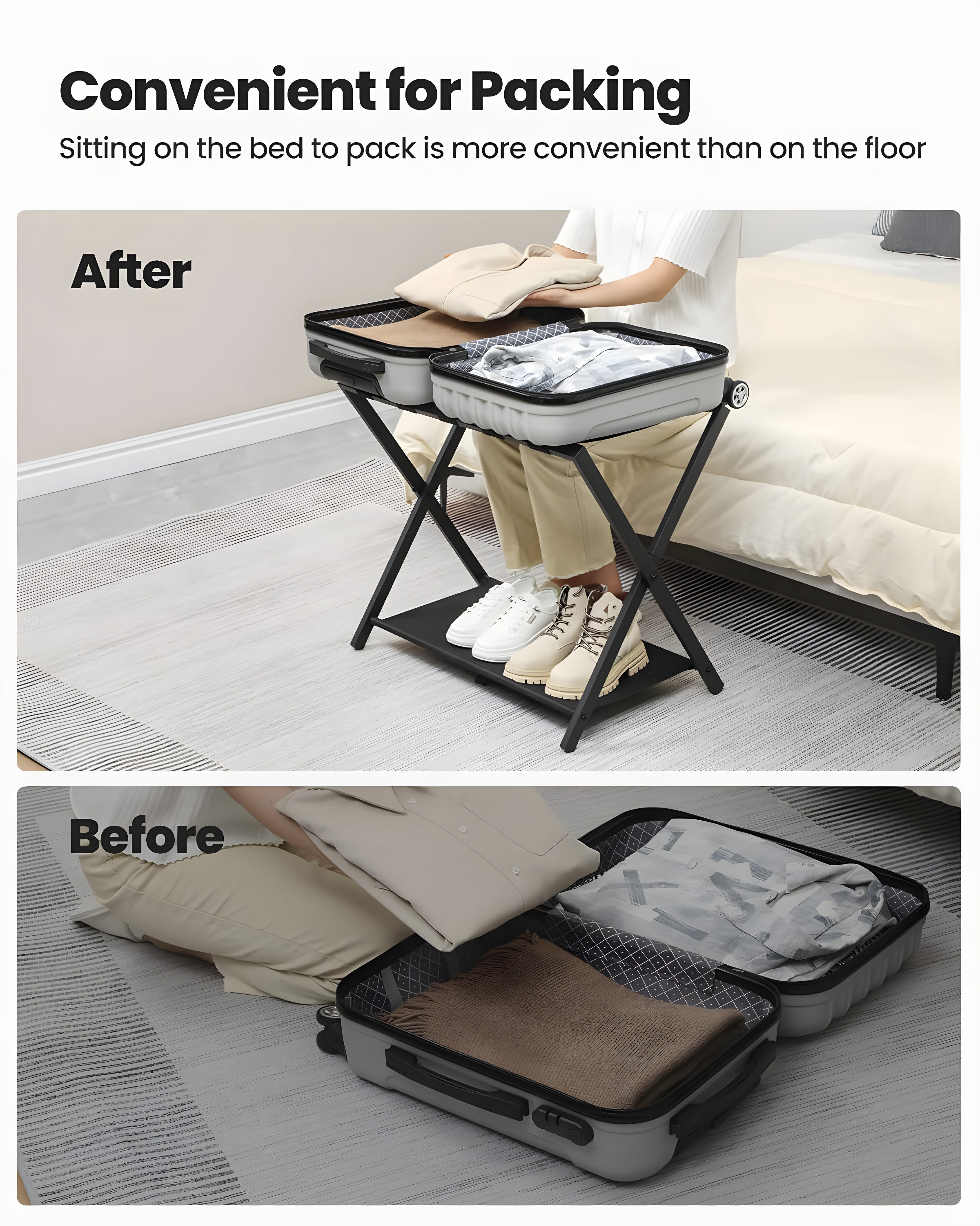 BINO Luggage Rack For Guest Room, Suitcase Stand With Storage Shelf, Steel Frame, Foldable For Easy Storage, Hotel, Bedroom, Black