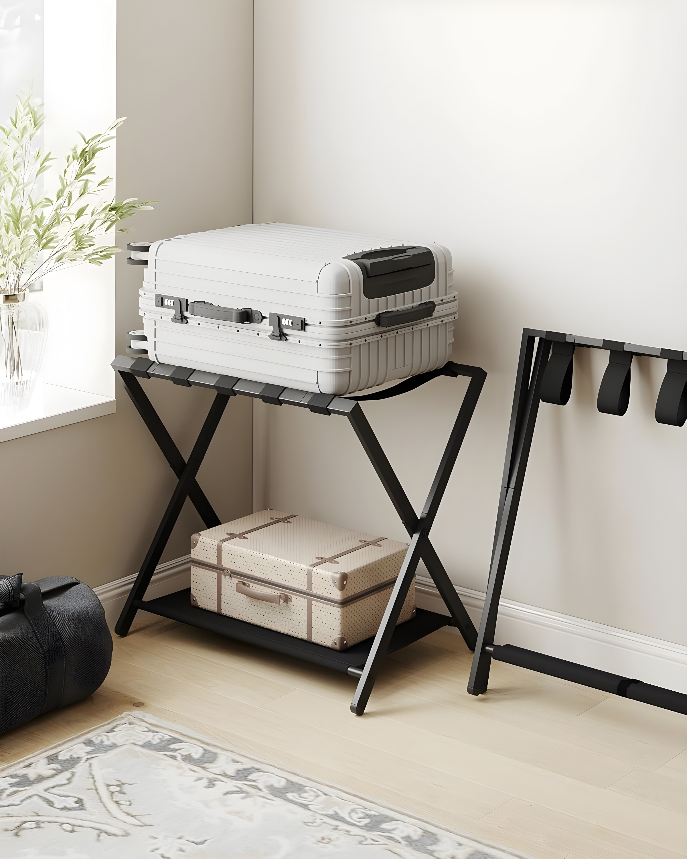 BINO Luggage Rack For Guest Room, Suitcase Stand With Storage Shelf, Steel Frame, Foldable For Easy Storage, Hotel, Bedroom, Black