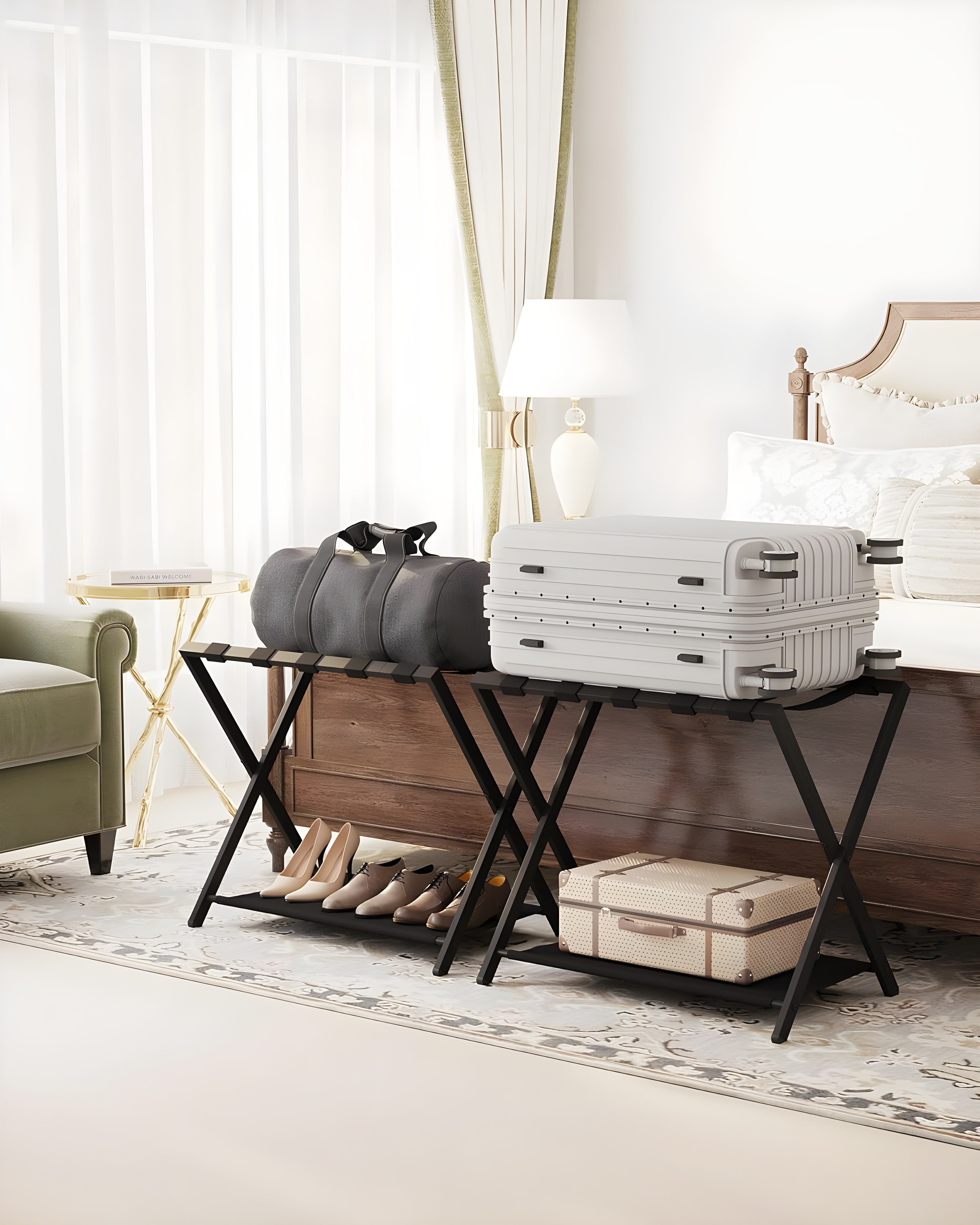 BINO Luggage Rack For Guest Room, Suitcase Stand With Storage Shelf, Steel Frame, Foldable For Easy Storage, Hotel, Bedroom, Black