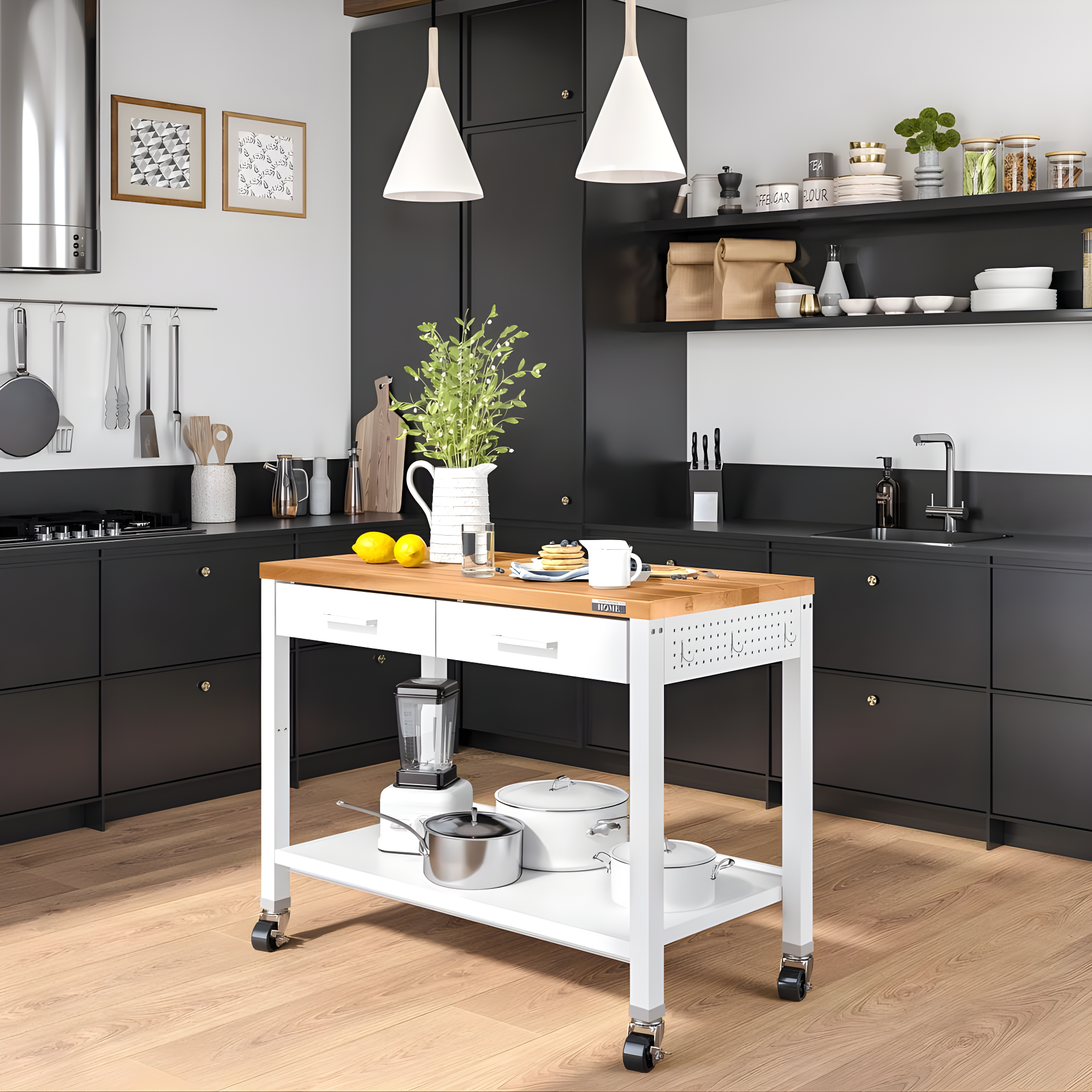 48'' Wide Stainless Steel Kitchen Rolling Cart Island with Solid Wood Top