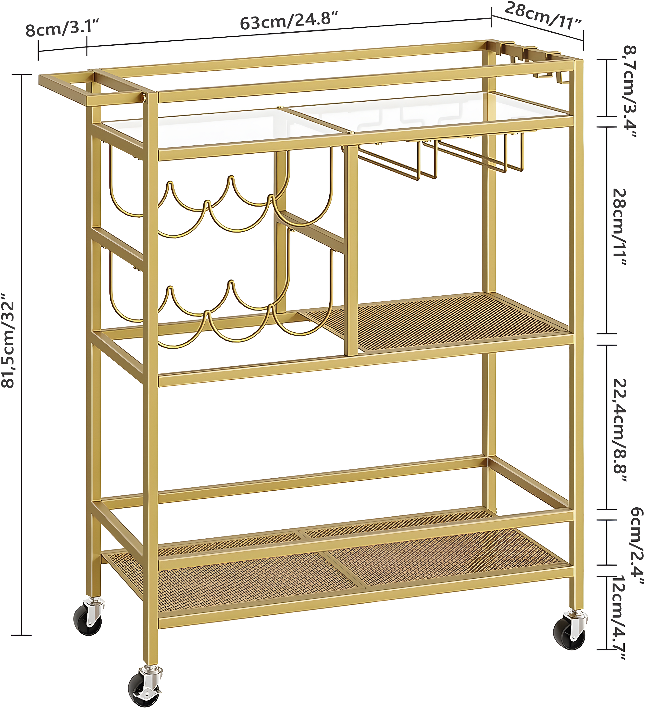 Bar Cart for Home, 3-Tier Serving Cart with Wheels and Handle, Beverage Cart with Wine Rack and Glass Holders, Rolling Wine Cart for Kitchen, Dining Room, Gold RCJ61B01