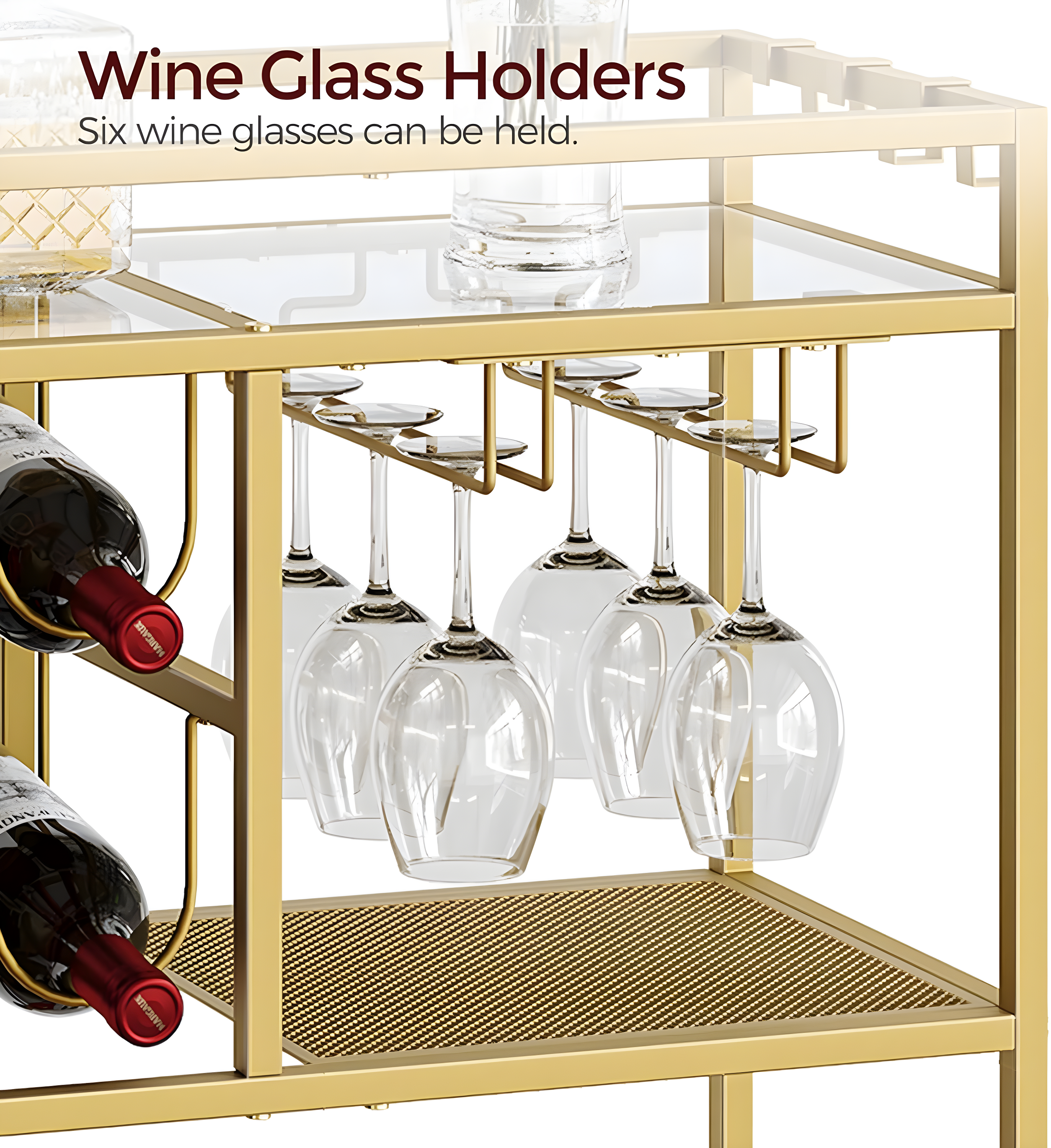 Bar Cart for Home, 3-Tier Serving Cart with Wheels and Handle, Beverage Cart with Wine Rack and Glass Holders, Rolling Wine Cart for Kitchen, Dining Room, Gold RCJ61B01