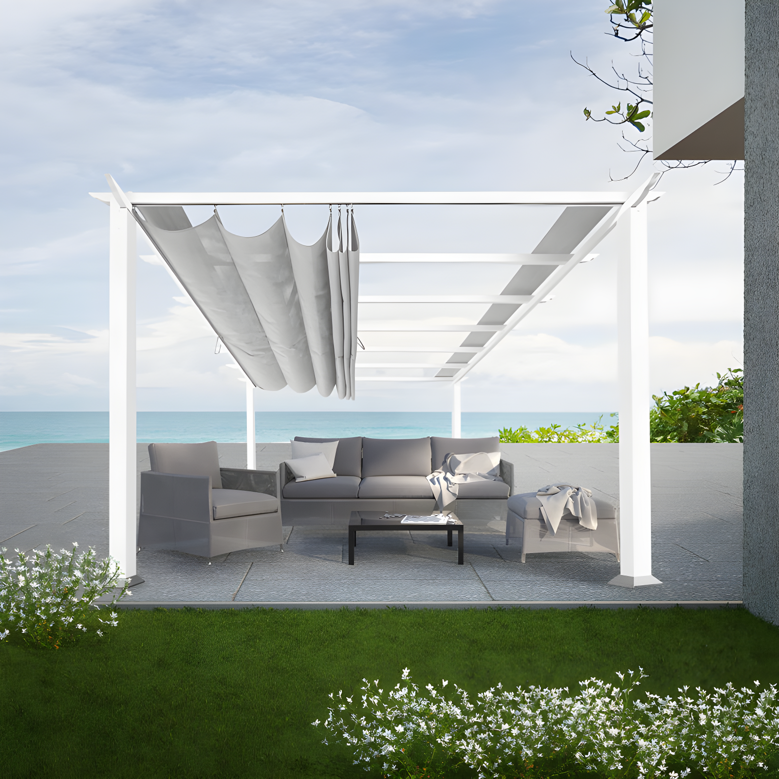Paragon-Outdoor Florence 11 Ft. W x 16 Ft. D Aluminum Pergola in White Powder-Coated Finish with Adjustable Canopy