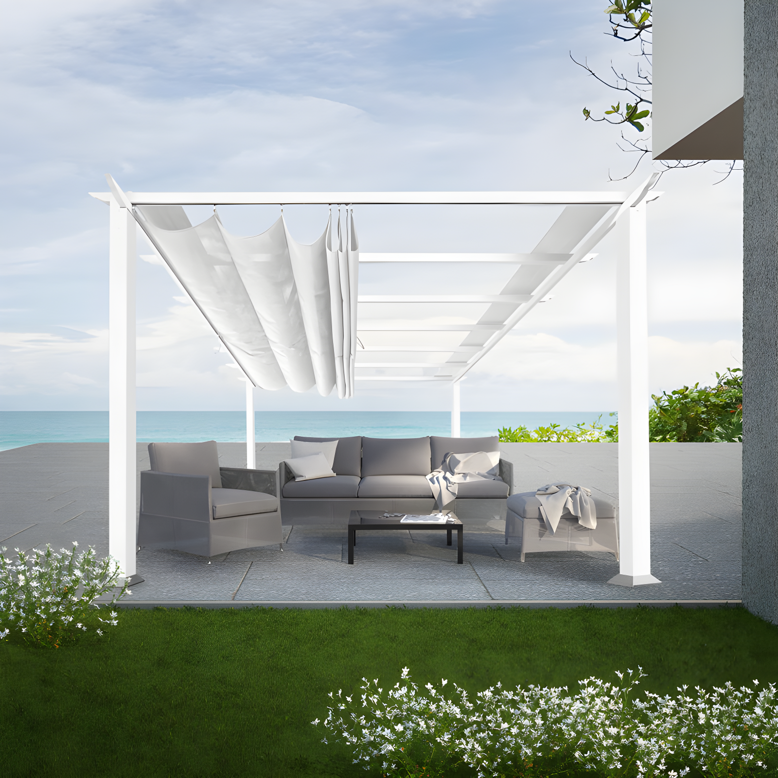 Paragon-Outdoor Florence 11 Ft. W x 16 Ft. D Aluminum Pergola in White Powder-Coated Finish with Adjustable Canopy