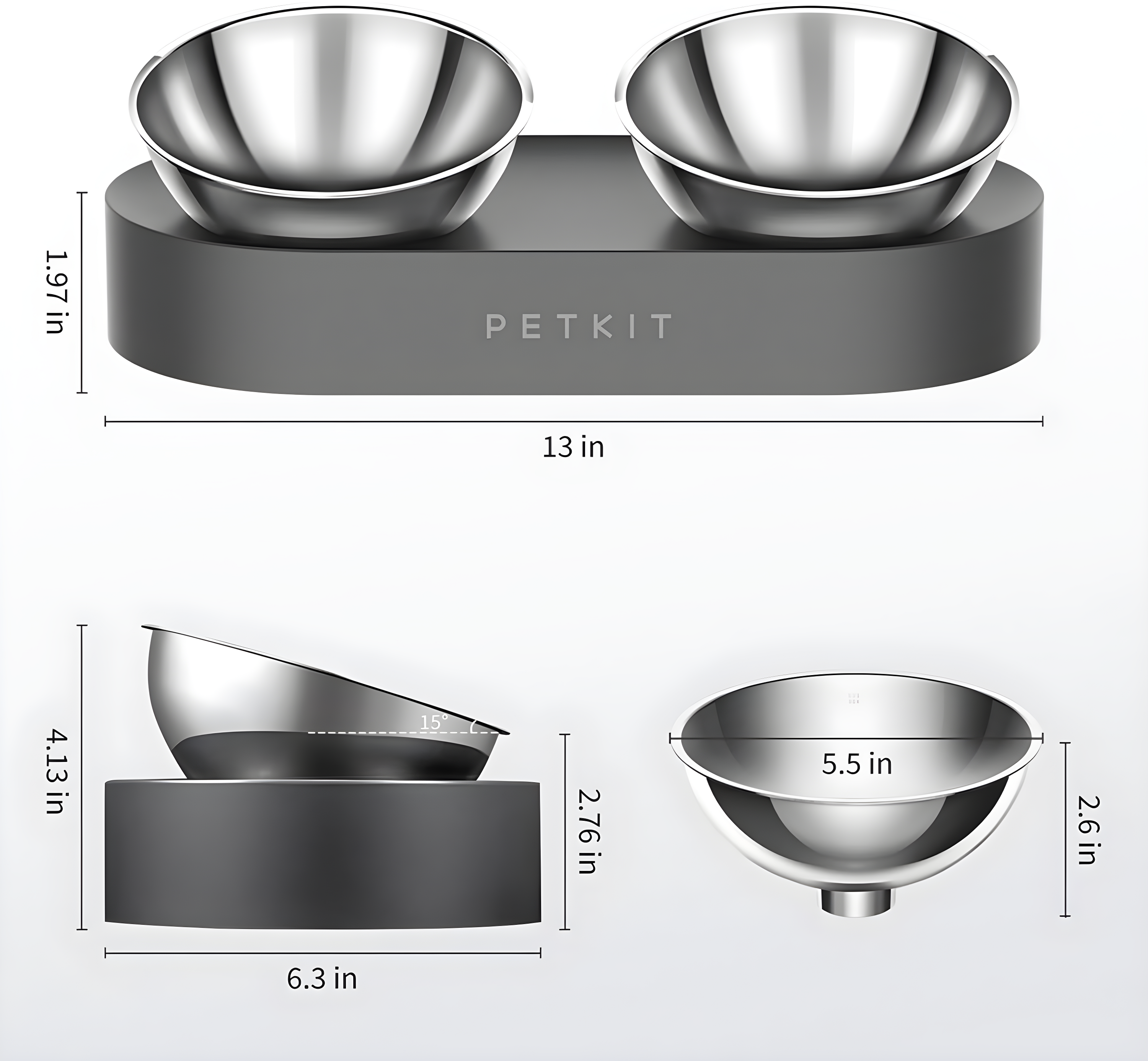 PETKIT Raised Dog Cat Food Bowl 304 Stainless Steel, Elevated Pet Food and Water Bowl Dishes, Elevated Cat Bowls, Non-Slip Tilted Cat Bowl No Spill