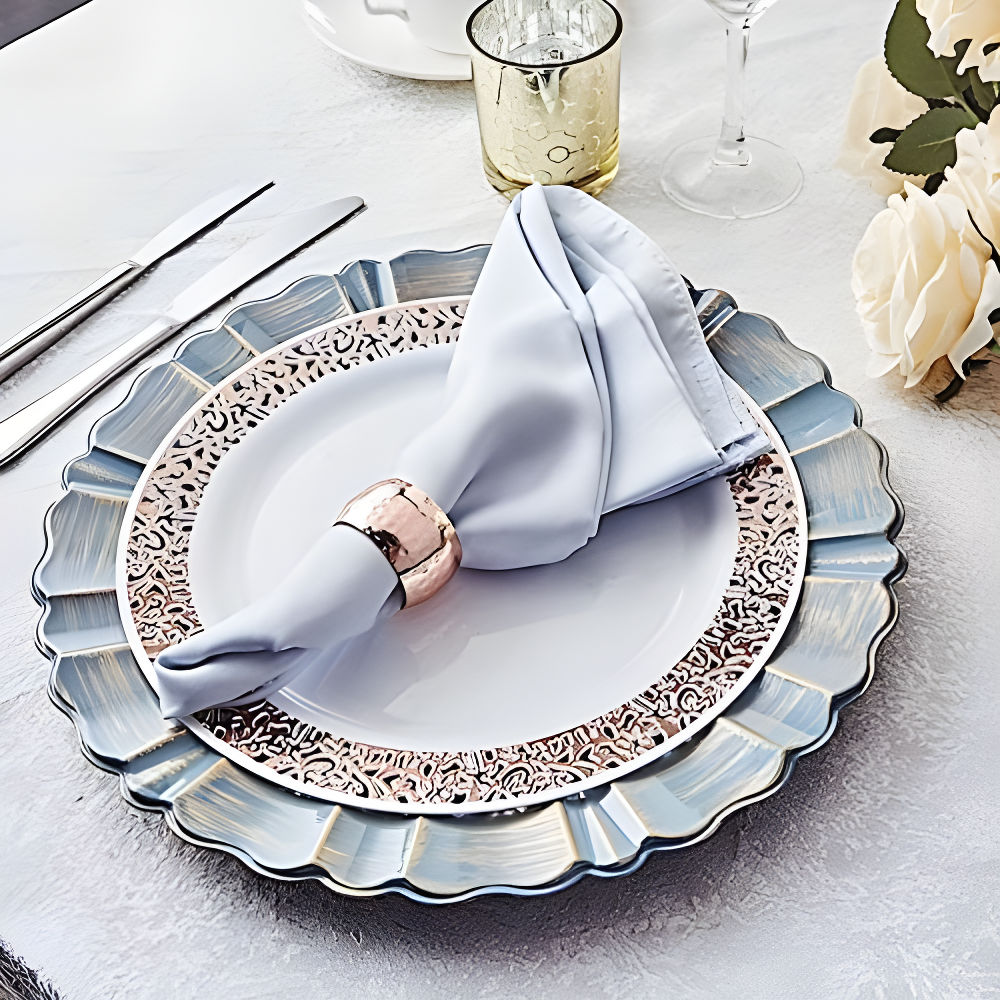 BalsaCircle 6 Dusty Blue Gold 13" Acrylic Wooden Textured Round Scalloped Trim Plastic Charger Plates
