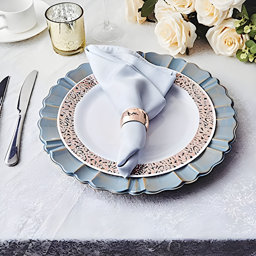 BalsaCircle 6 Dusty Blue Gold 13" Acrylic Wooden Textured Round Scalloped Trim Plastic Charger Plates