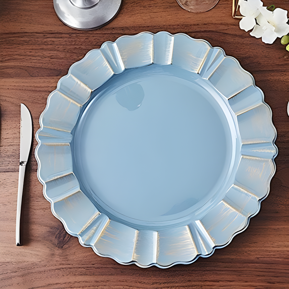 BalsaCircle 6 Dusty Blue Gold 13" Acrylic Wooden Textured Round Scalloped Trim Plastic Charger Plates
