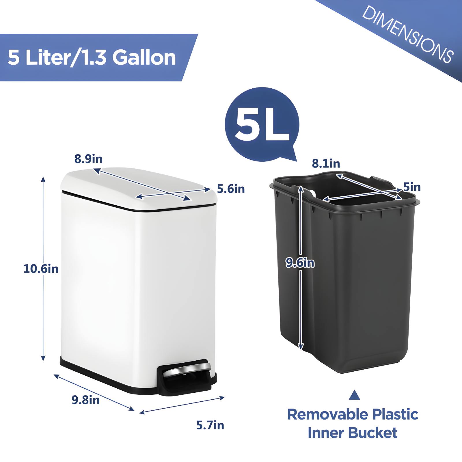 FDW Bathroom Trash Can With A Lid 1.3 Gallon  (5 L) Small Trash Bin Step Pedal Garbage Can With Removable Bucket Slim For Small Spaces For Bathroom,Bedroom,Kitchen,Office