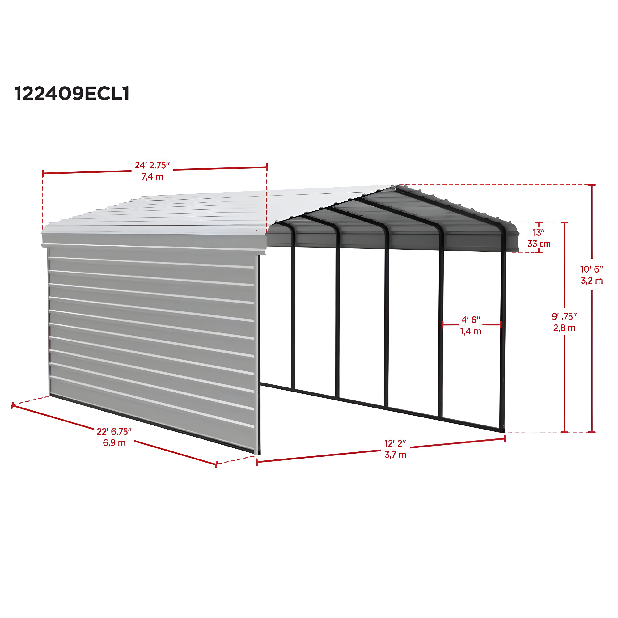 Arrow Arrow Steel Carport with 1 Side Wall Kit, 12x24x09